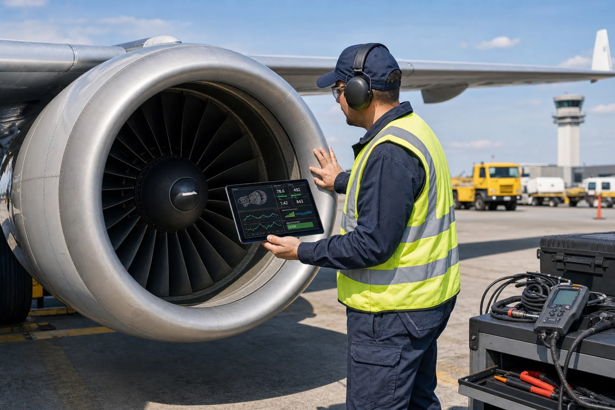 Aircraft maintenance technician inspecting parts using predictive diagnostic data