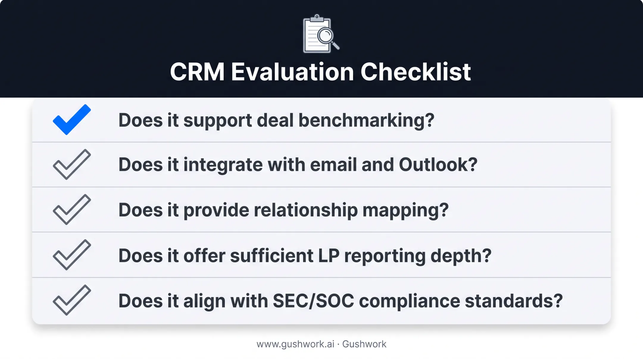 Five key evaluation questions checklist for choosing a PE CRM