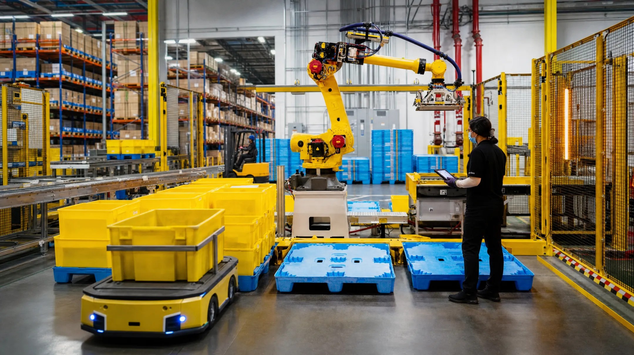 Warehouse workers operating alongside automated robotic picking systems