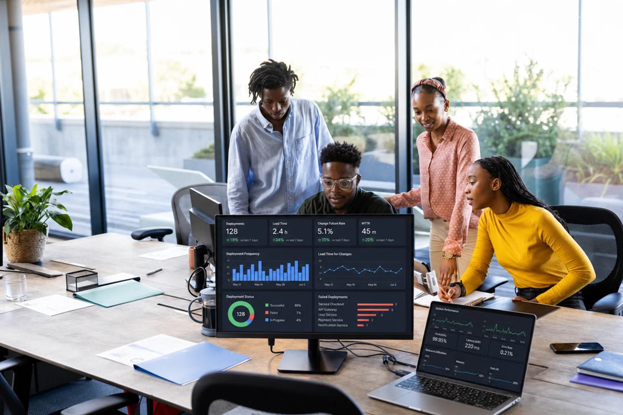 Enterprise software development team analyzing performance metrics on screens
