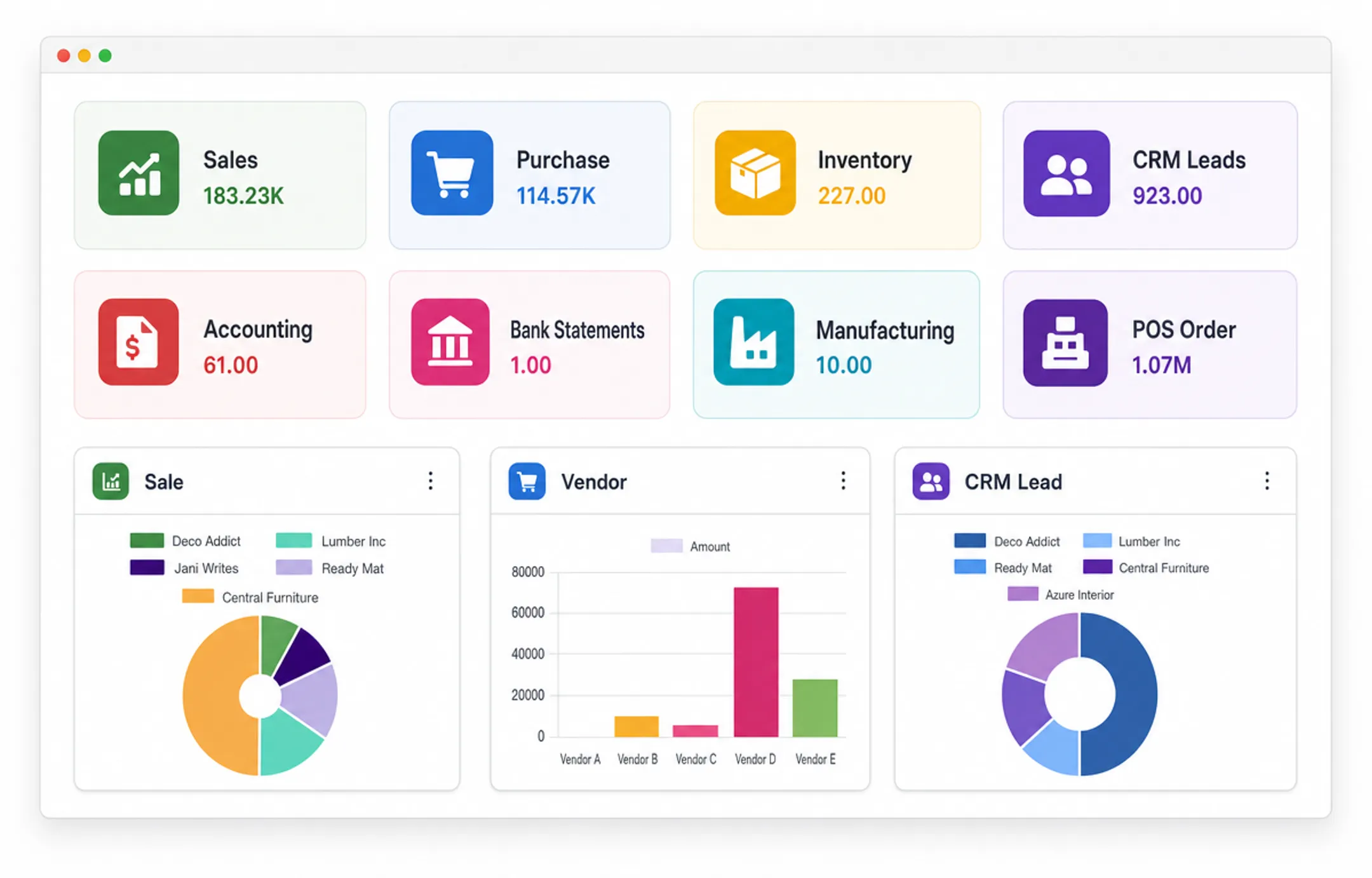 Odoo modular ERP dashboard showing apps and pricing tiers