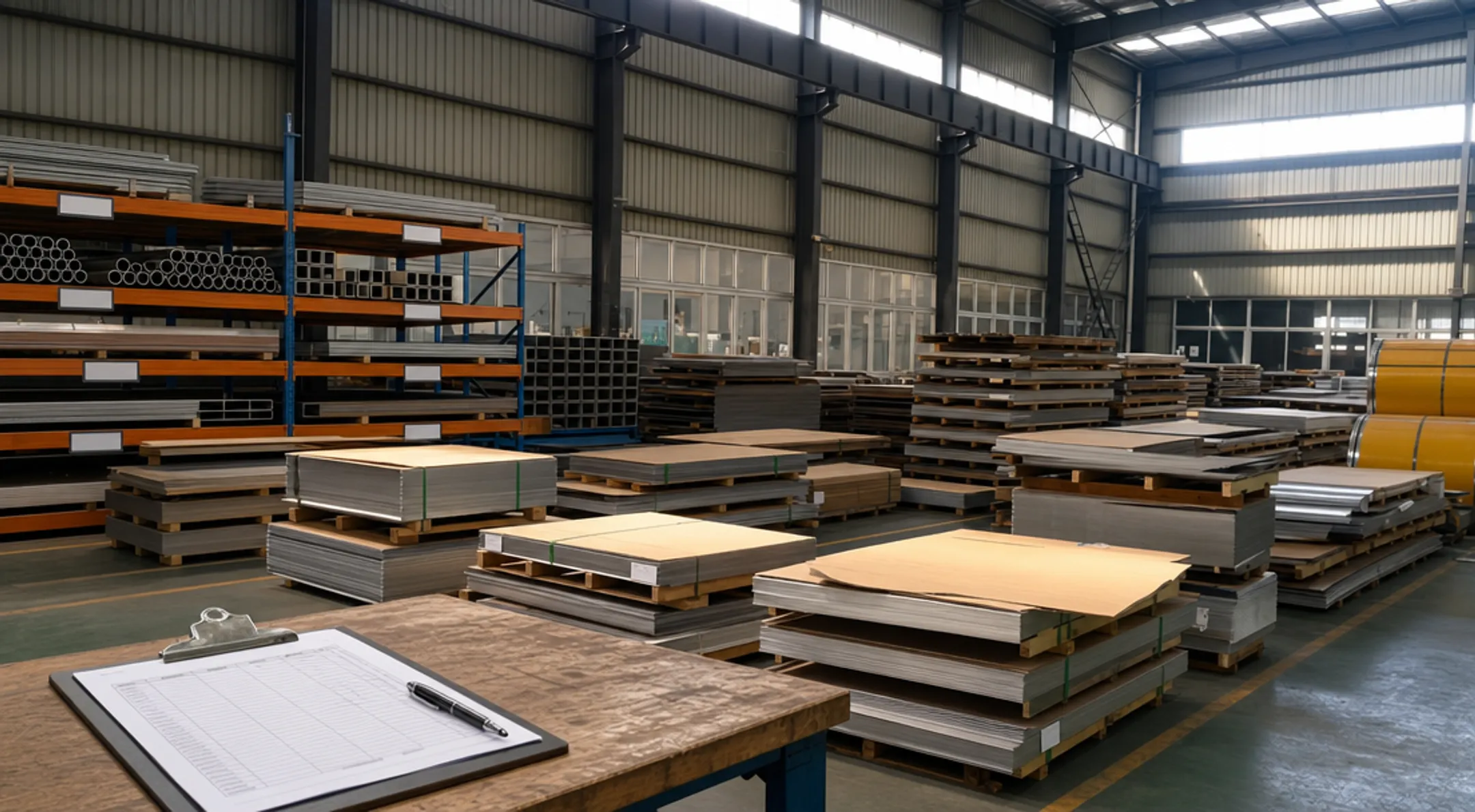 Metal fabrication shop floor with dimensional sheet and tube inventory