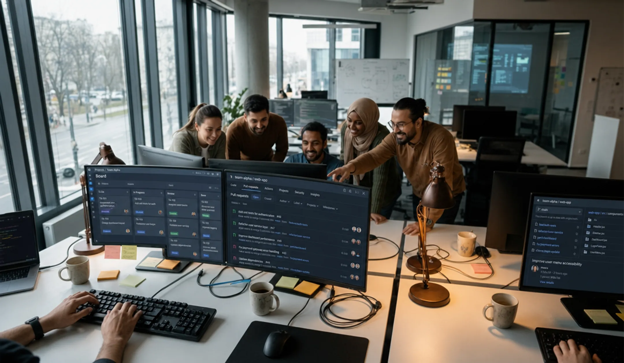 Software team reviewing Jira and GitHub integration data on screen