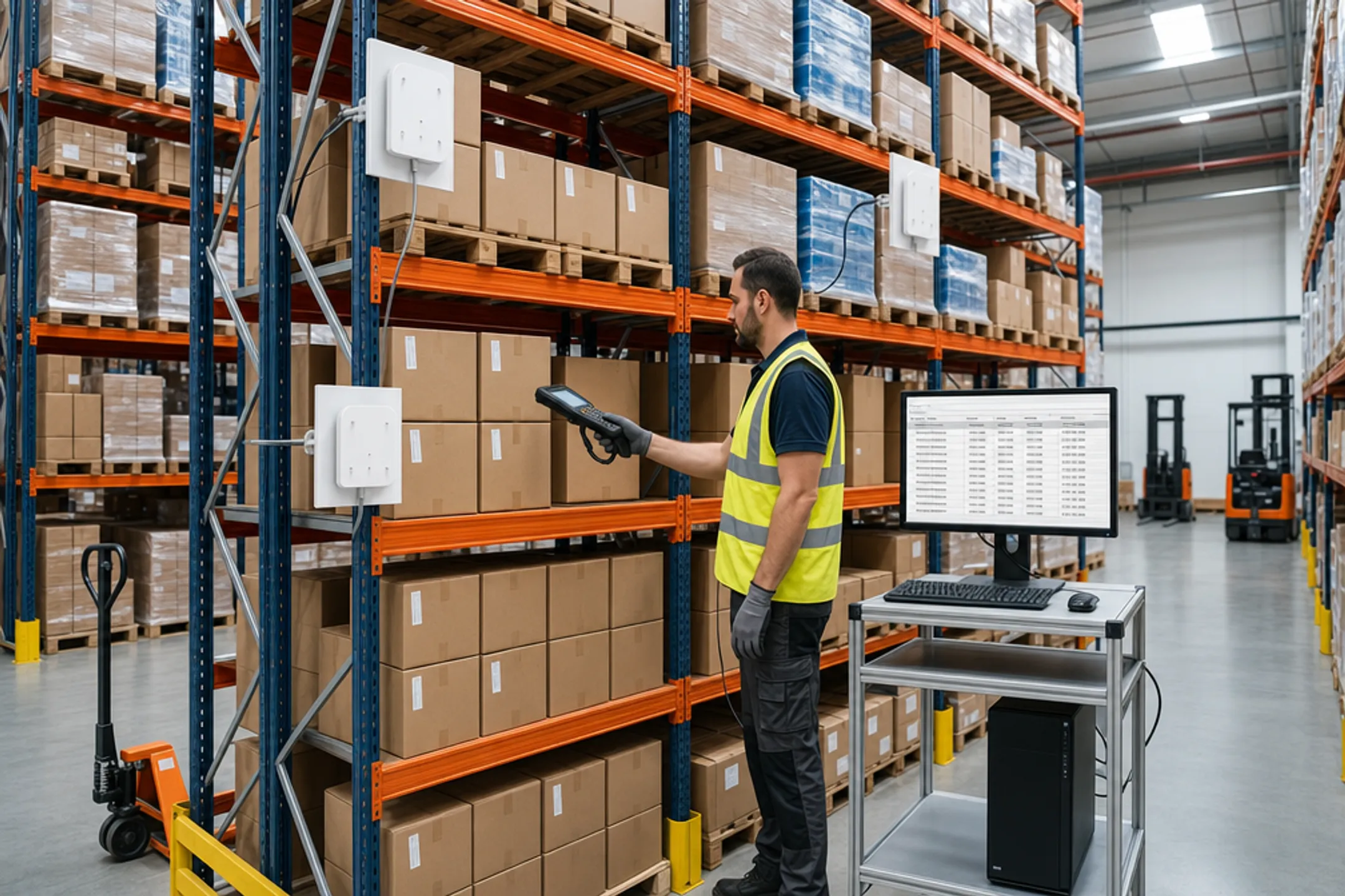 Warehouse worker scanning inventory with RFID handheld scanner device