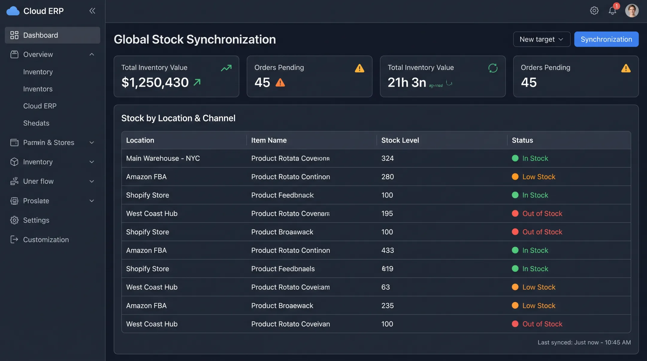 Cloud ERP dashboard showing real-time inventory sync across warehouses