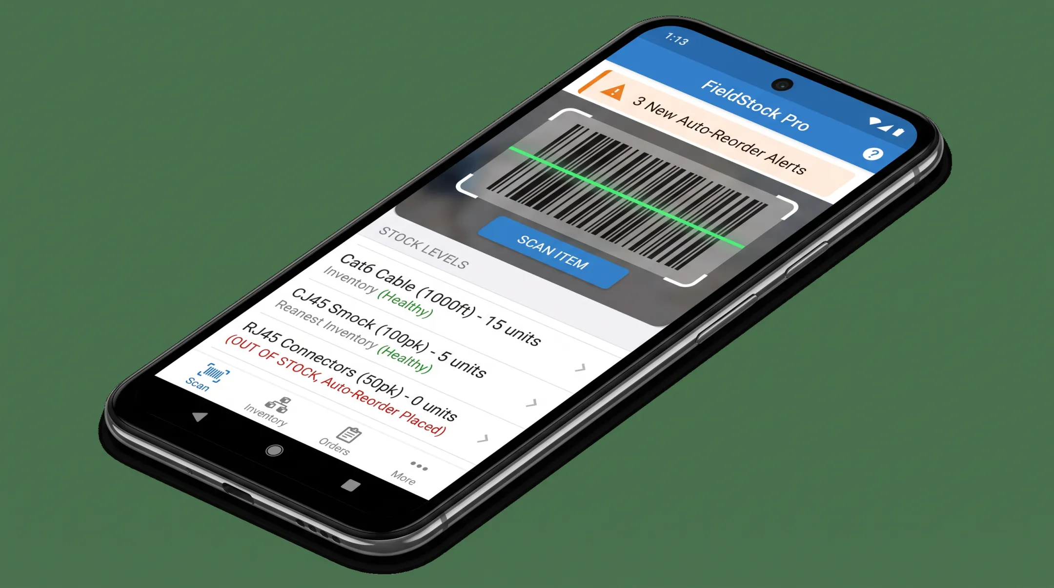Mobile inventory app interface showing barcode scanning and reorder alerts