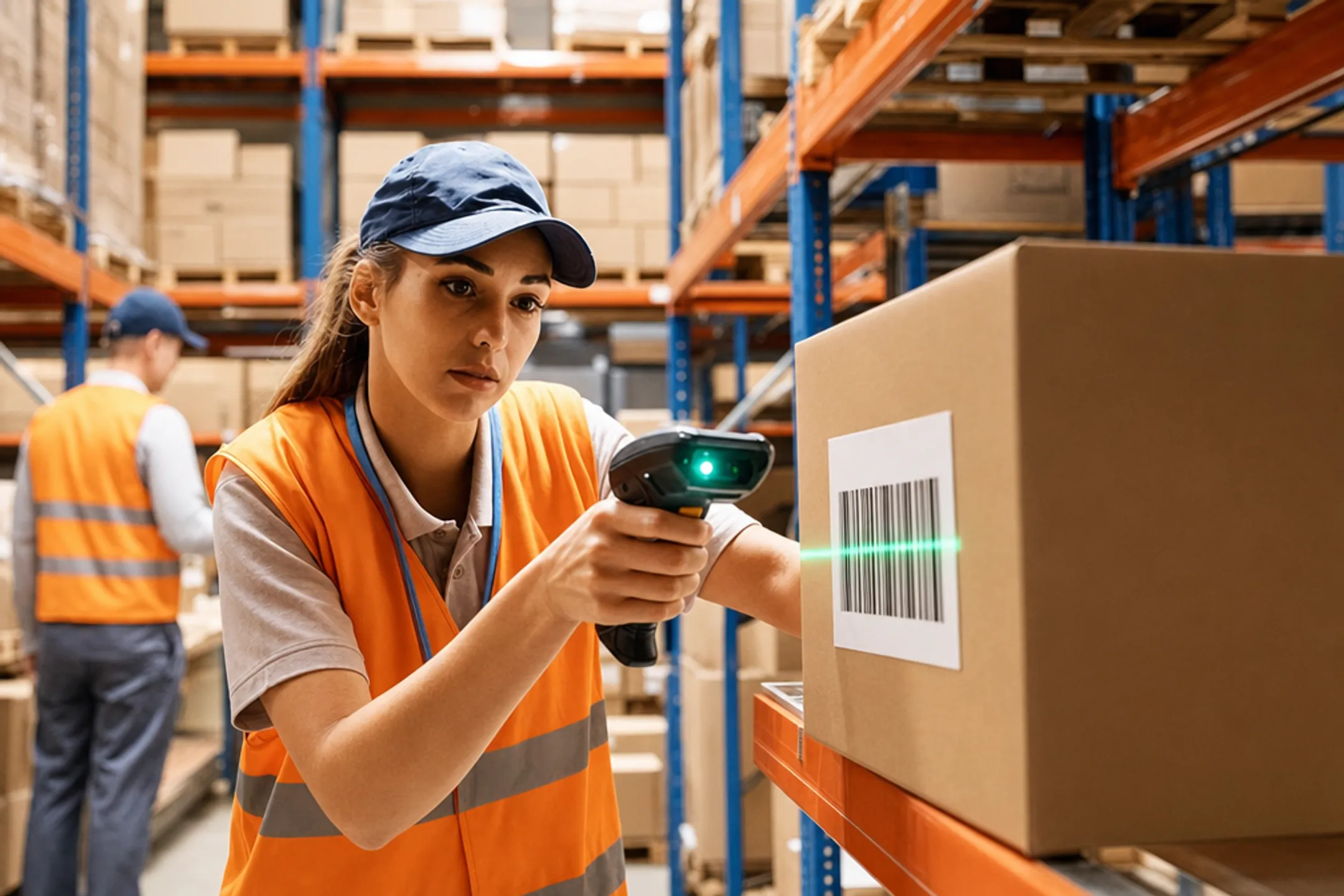 Warehouse worker using mobile barcode scanner for inventory tracking