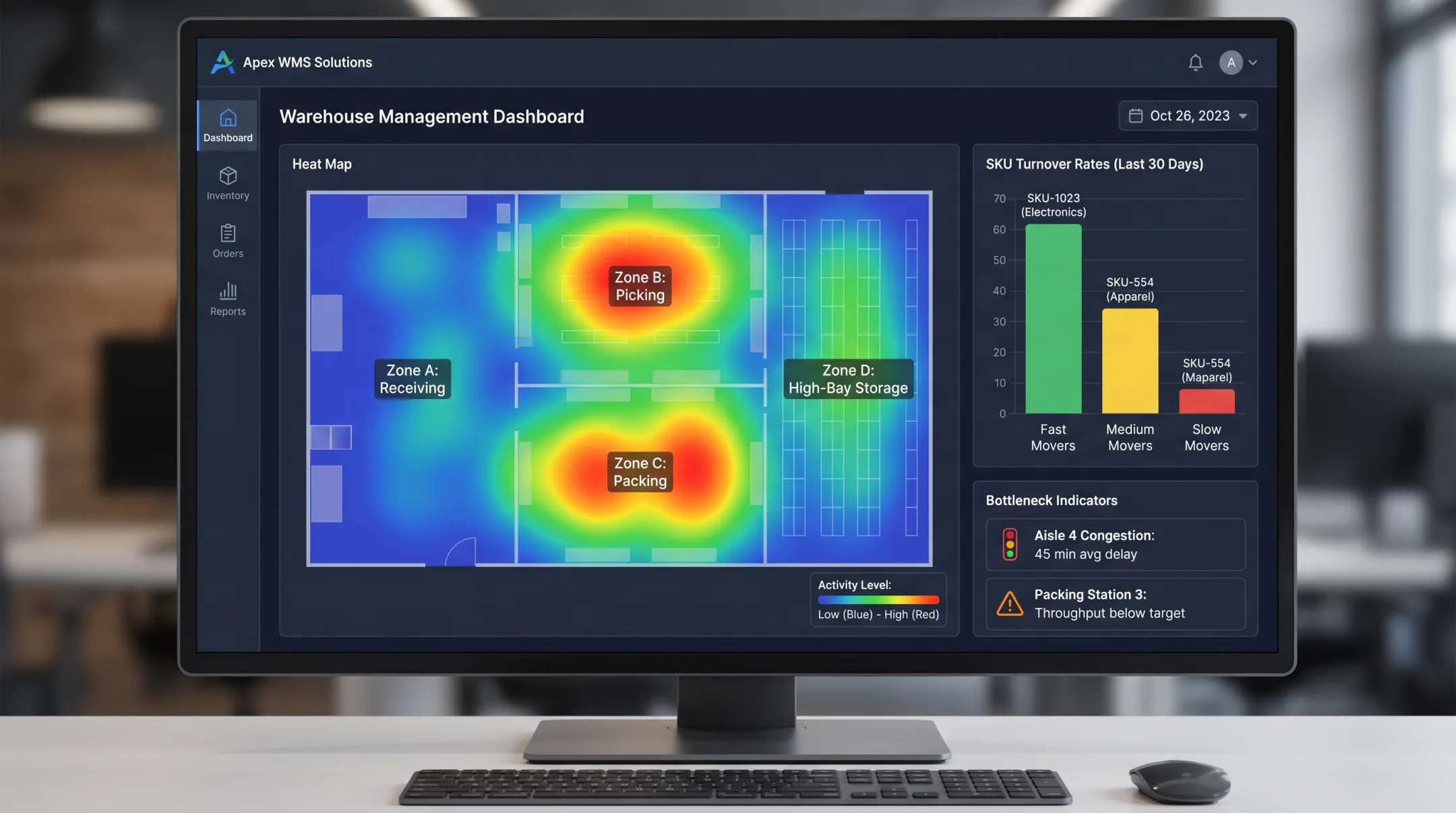 Warehouse analytics dashboard displaying heat maps and SKU turnover data