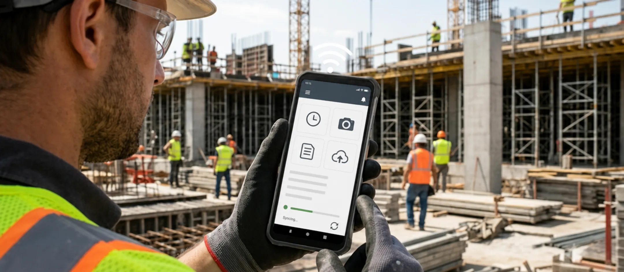 Construction field worker using tablet for real-time project data entry
