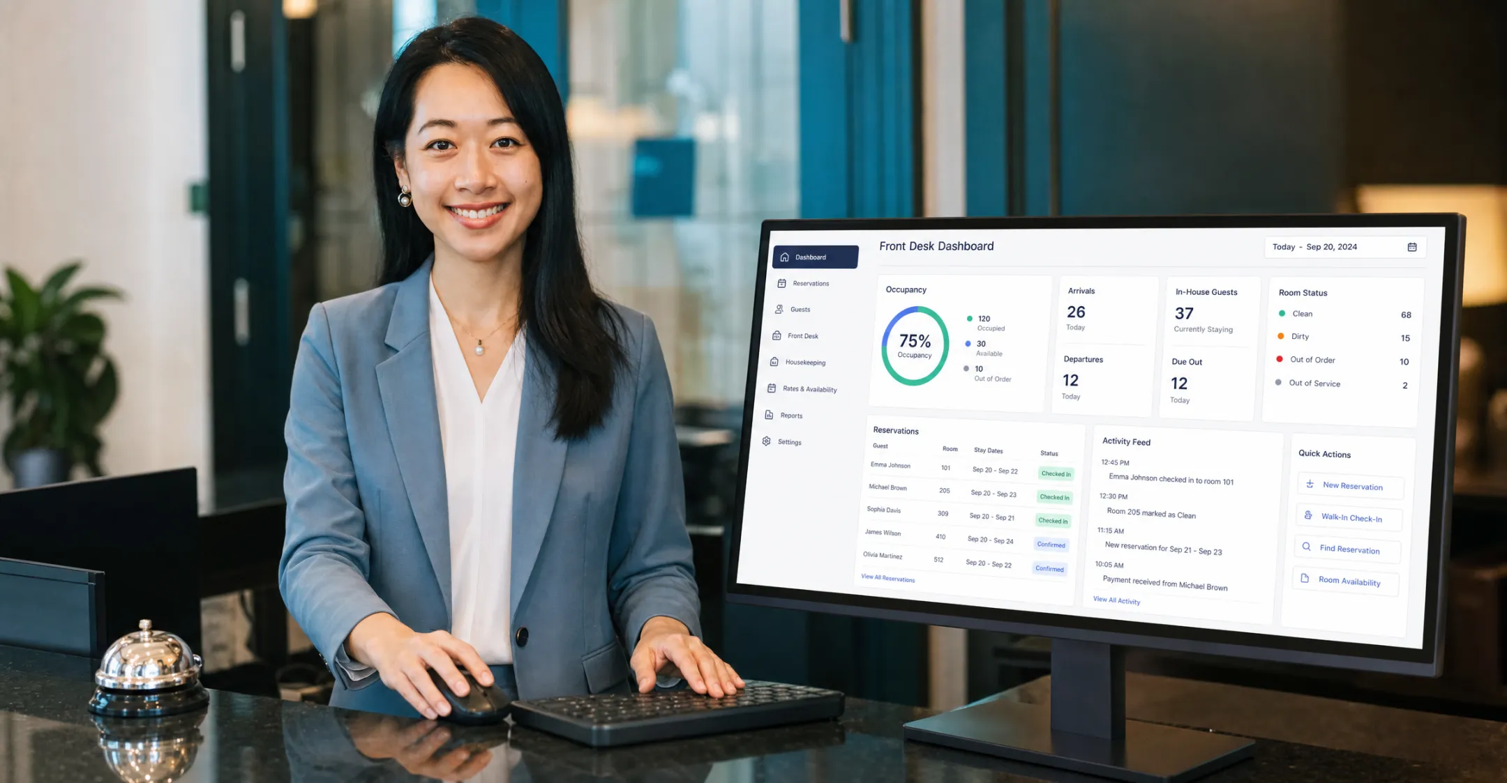 Hotel front desk staff using cloud-based property management system interface