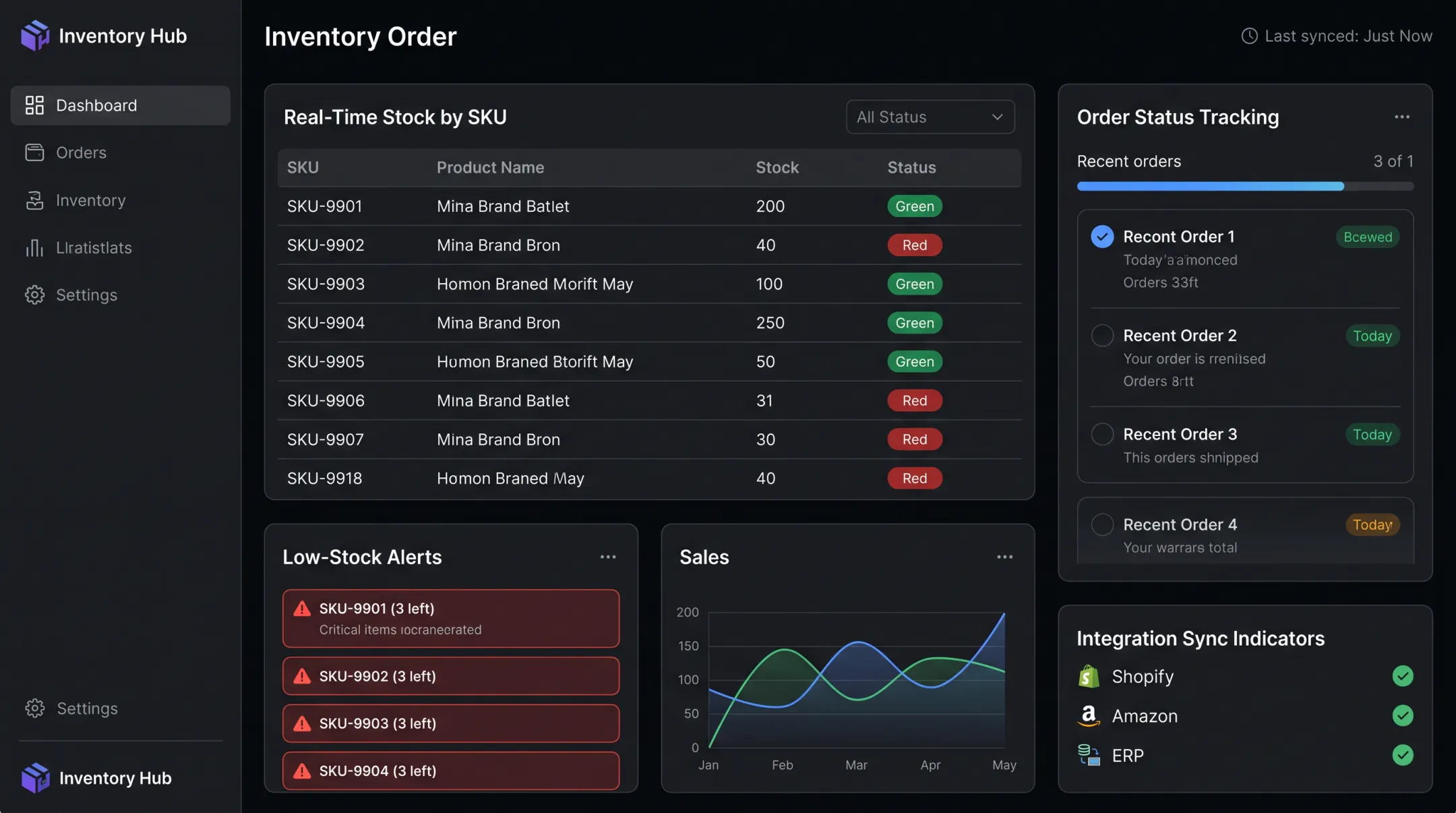 Inventory dashboard interface showing stock levels and sync indicators