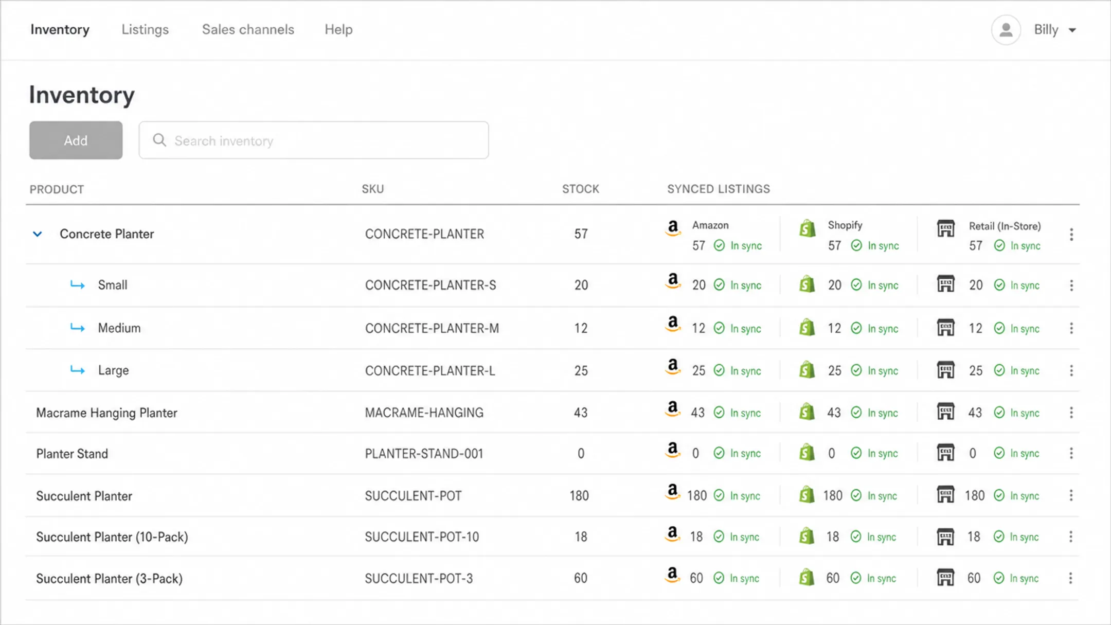 Multi-channel inventory dashboard showing synced stock levels across platforms