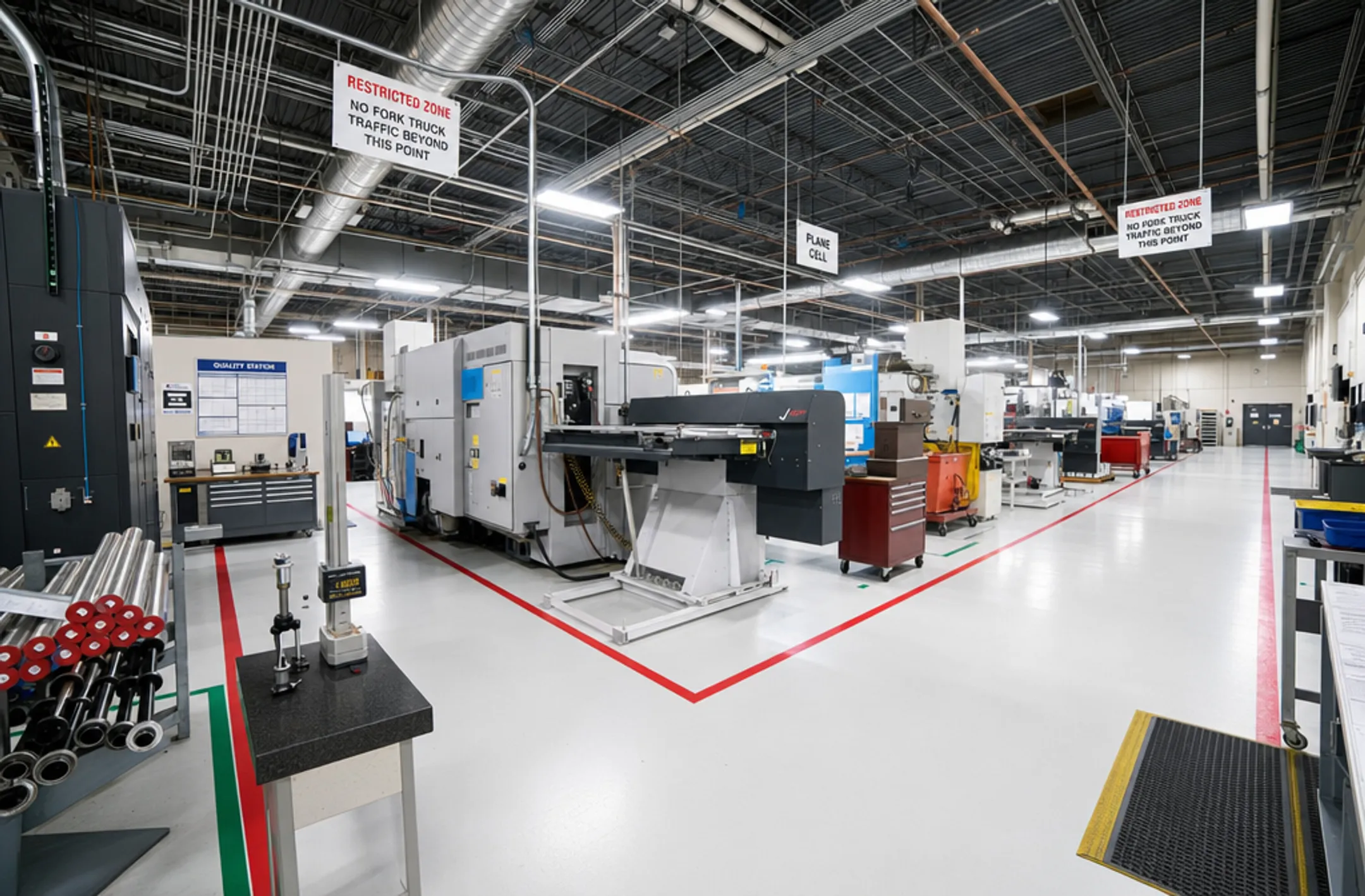 Aerospace manufacturing facility floor with precision production equipment