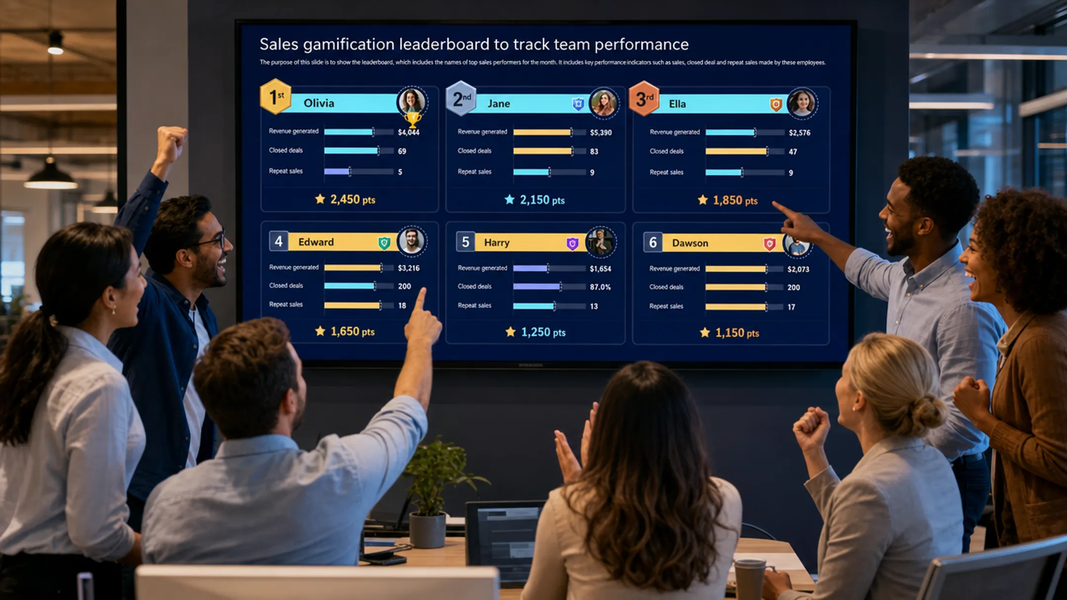 Sales team viewing gamified leaderboard dashboard on office screen