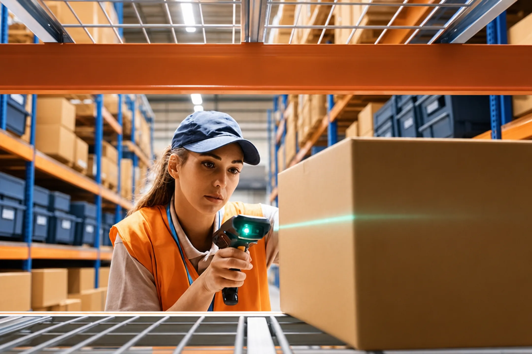 Warehouse worker using barcode scanner for inventory management system