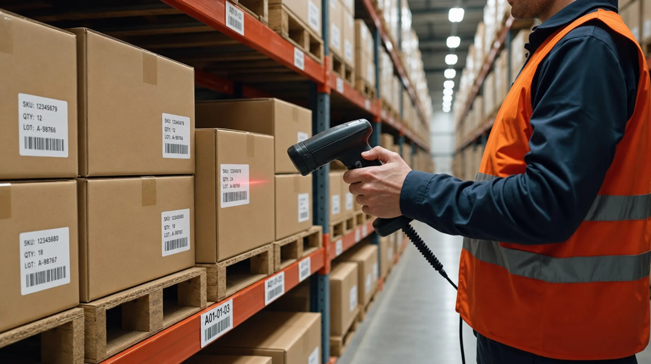 Warehouse worker scanning barcode label during inventory put-away process