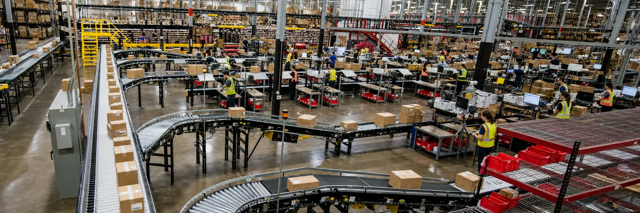 Modern warehouse fulfillment center processing high volume shipping orders