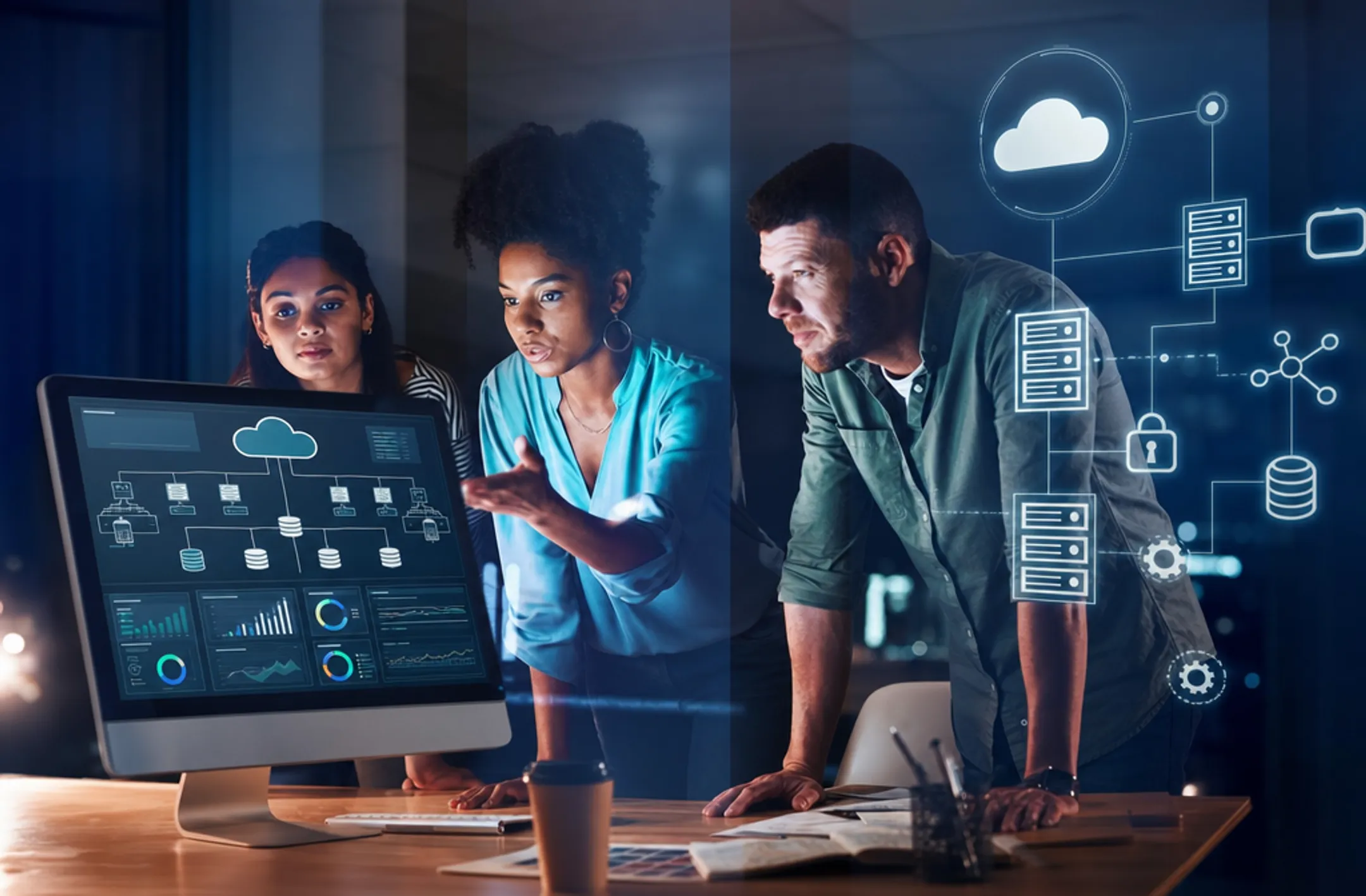 Enterprise IT consultants collaborating on cloud migration project dashboard