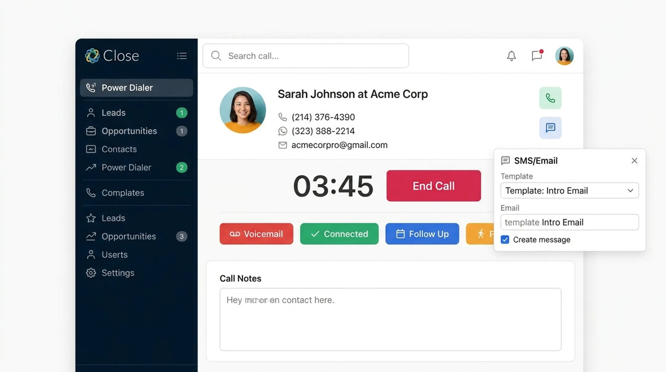 Close CRM native power dialer interface for outbound sales calls