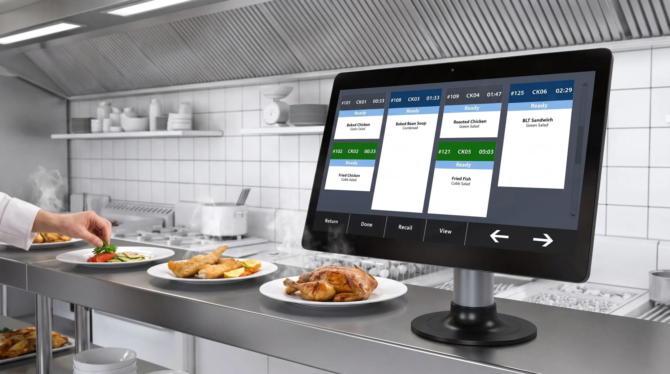 Restaurant kitchen display system showing digital order tickets