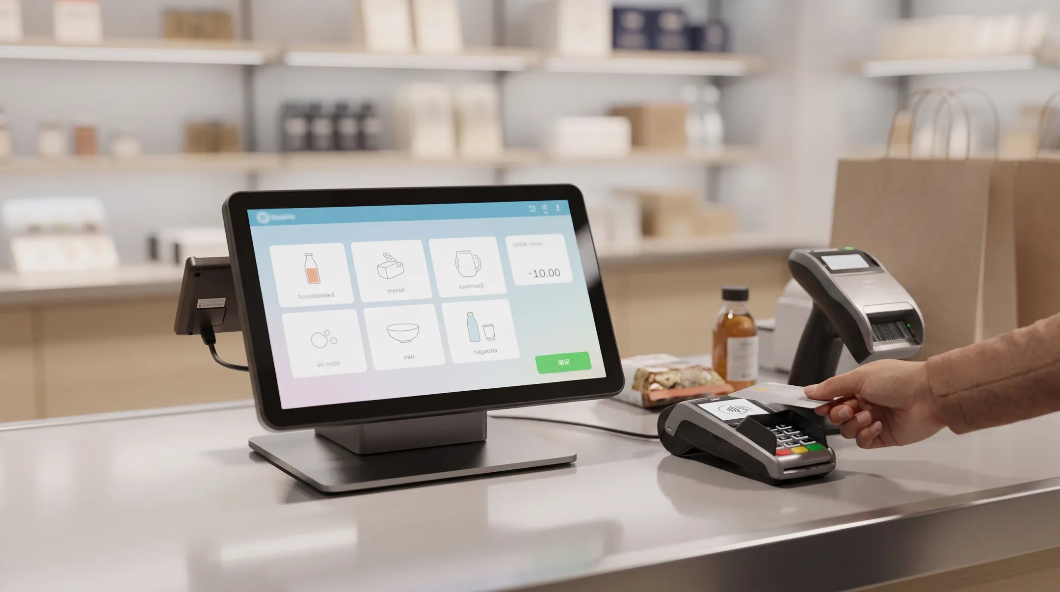 Retail store point-of-sale terminal processing customer checkout transaction