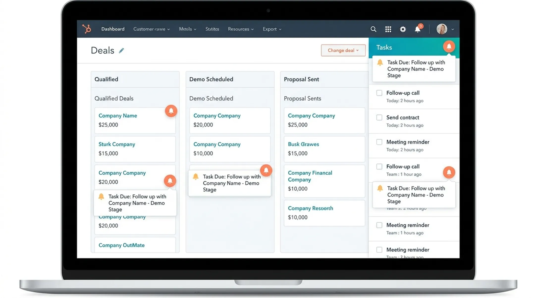 HubSpot CRM dashboard showing deal-linked task reminders and pipeline view