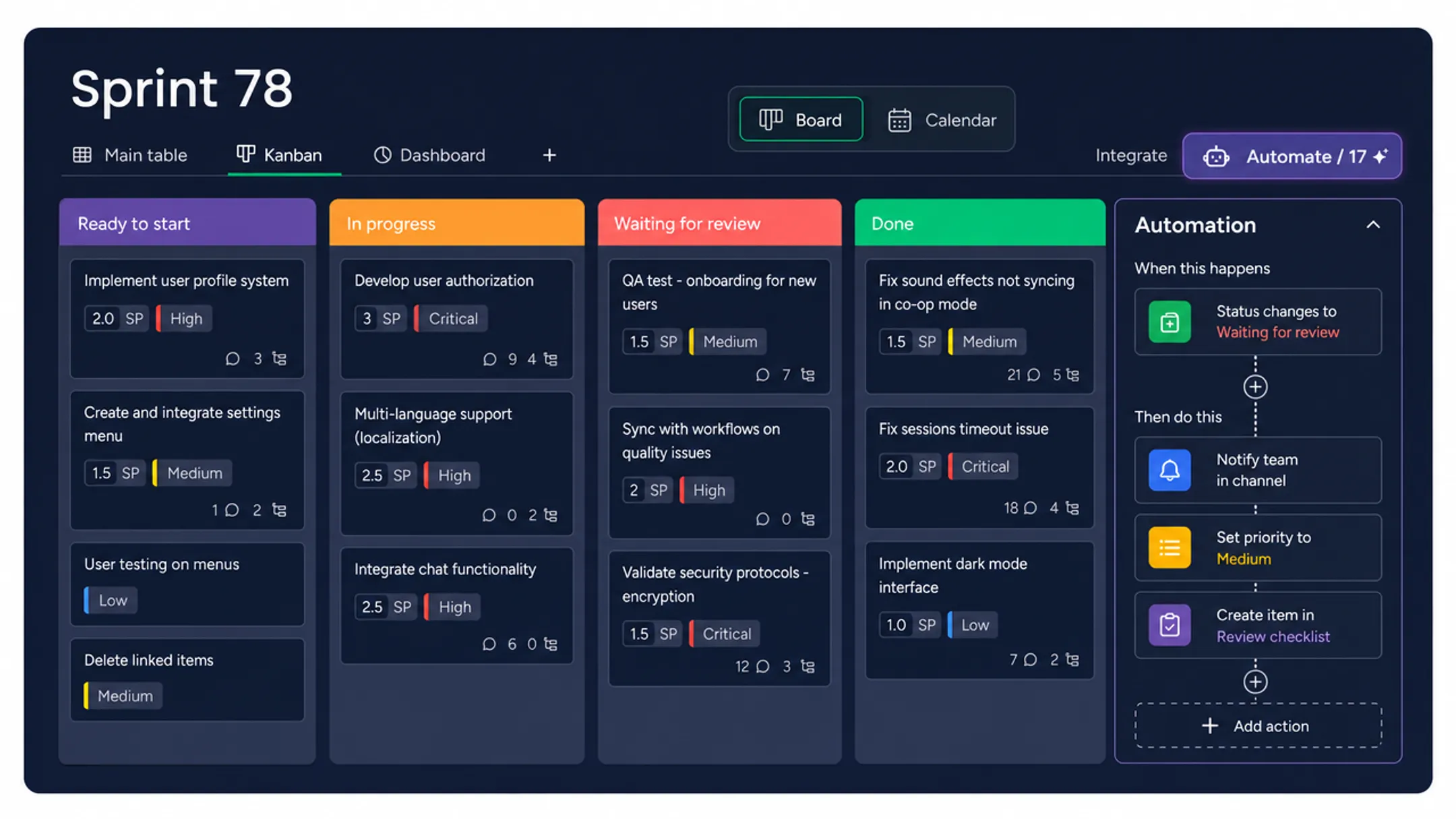 monday CRM visual workspace with Kanban board and automation builder