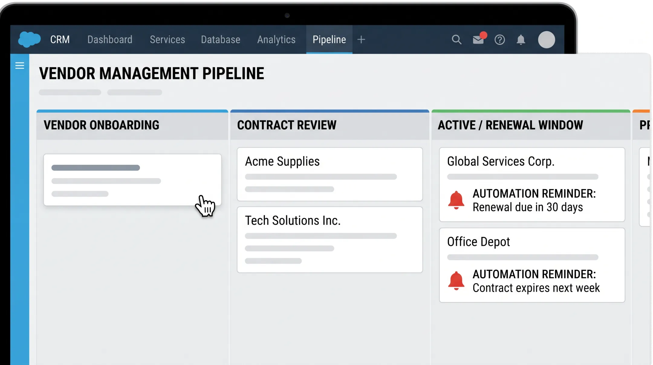 Pipedrive vendor pipeline showing onboarding and renewal stages