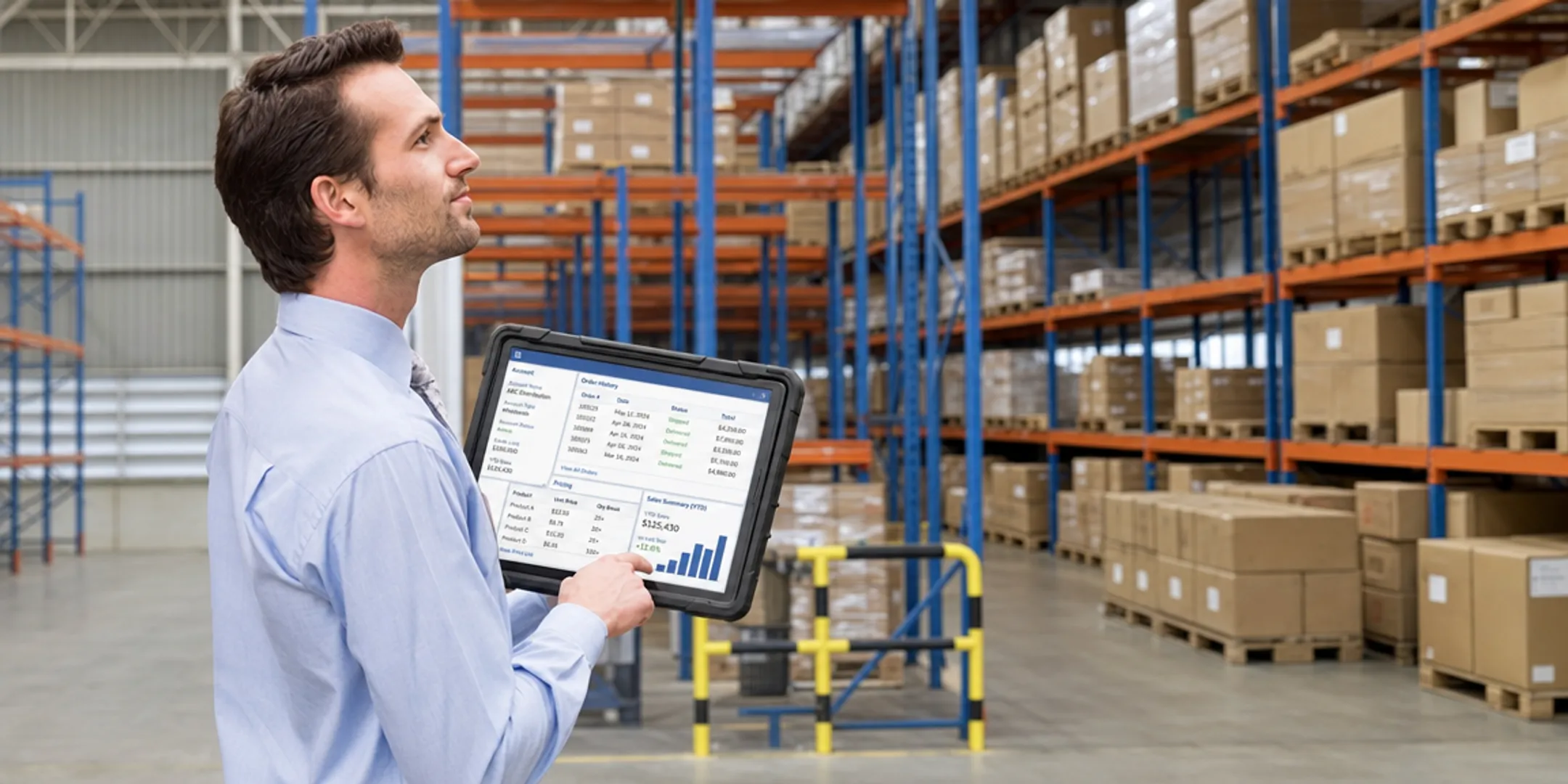 Sales rep using mobile CRM dashboard for wholesale order tracking