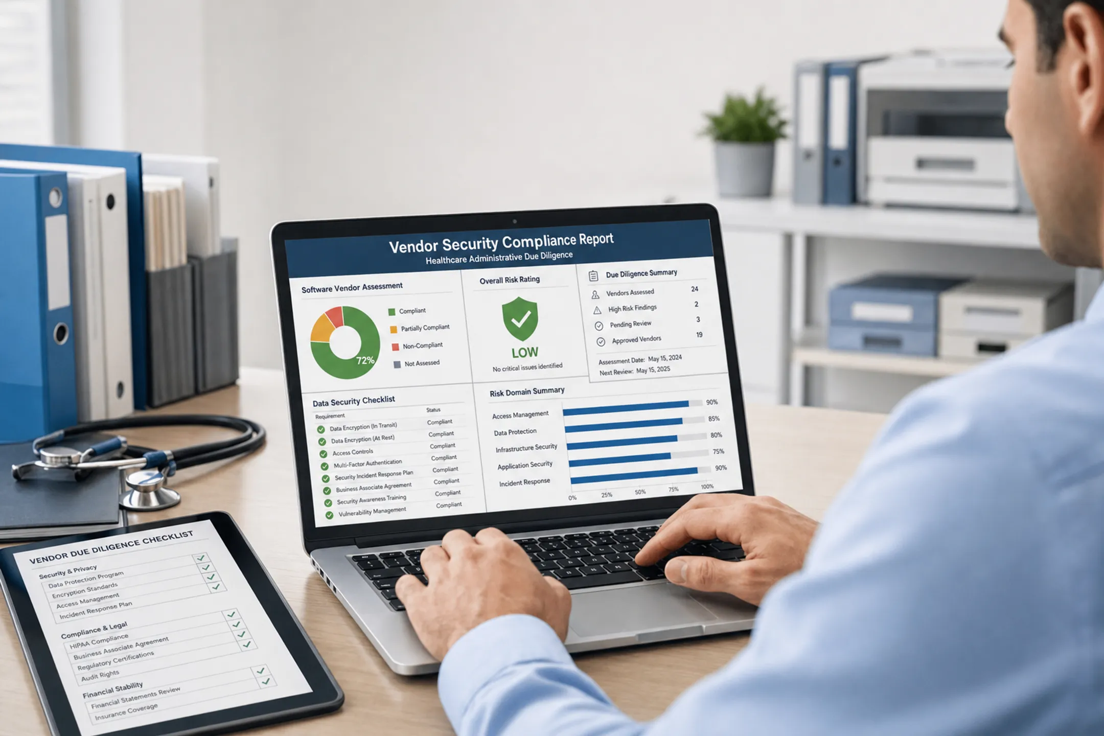 Healthcare finance team reviewing billing software security compliance documents