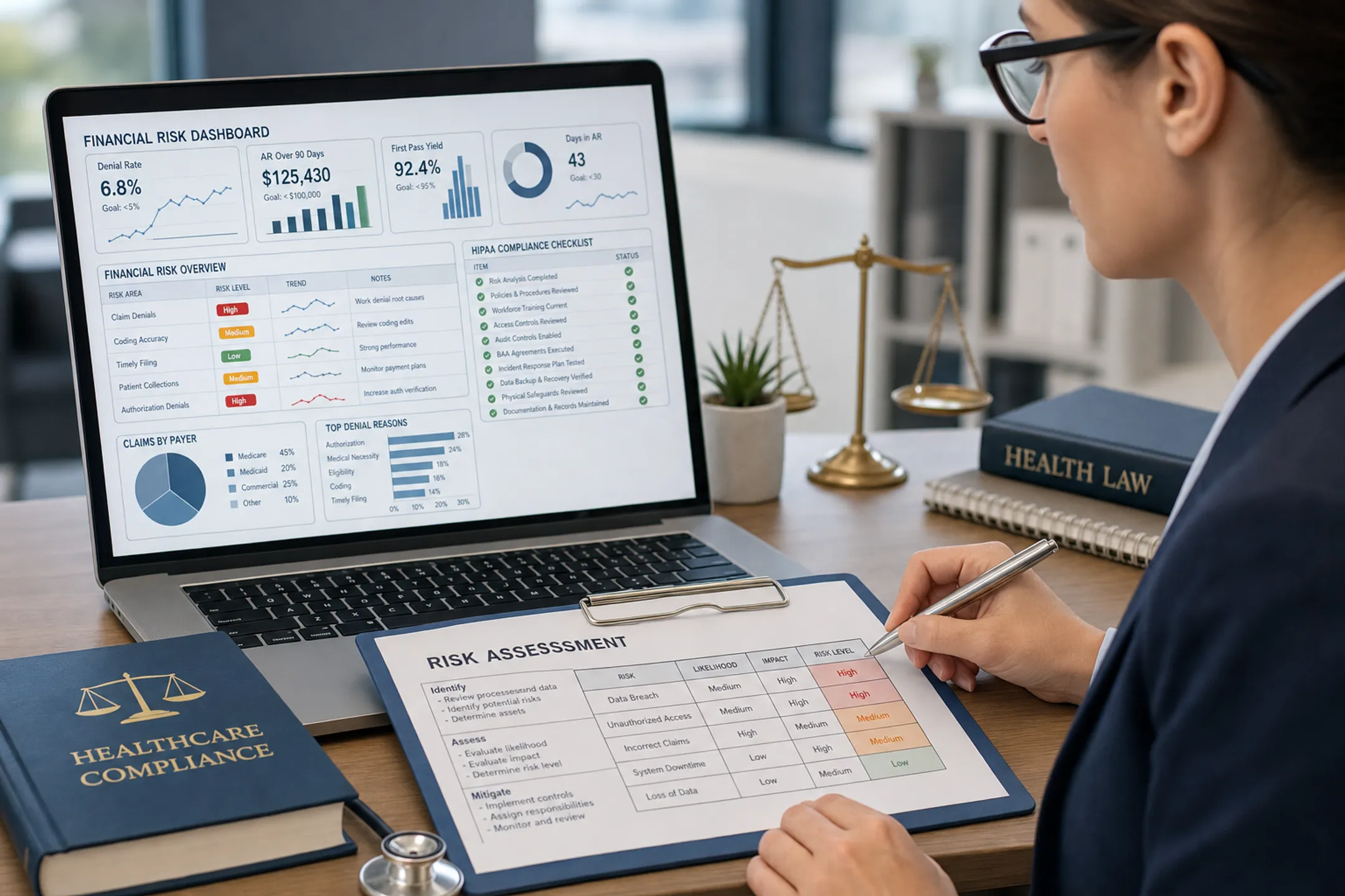 Healthcare compliance officer analyzing patient billing data security risks