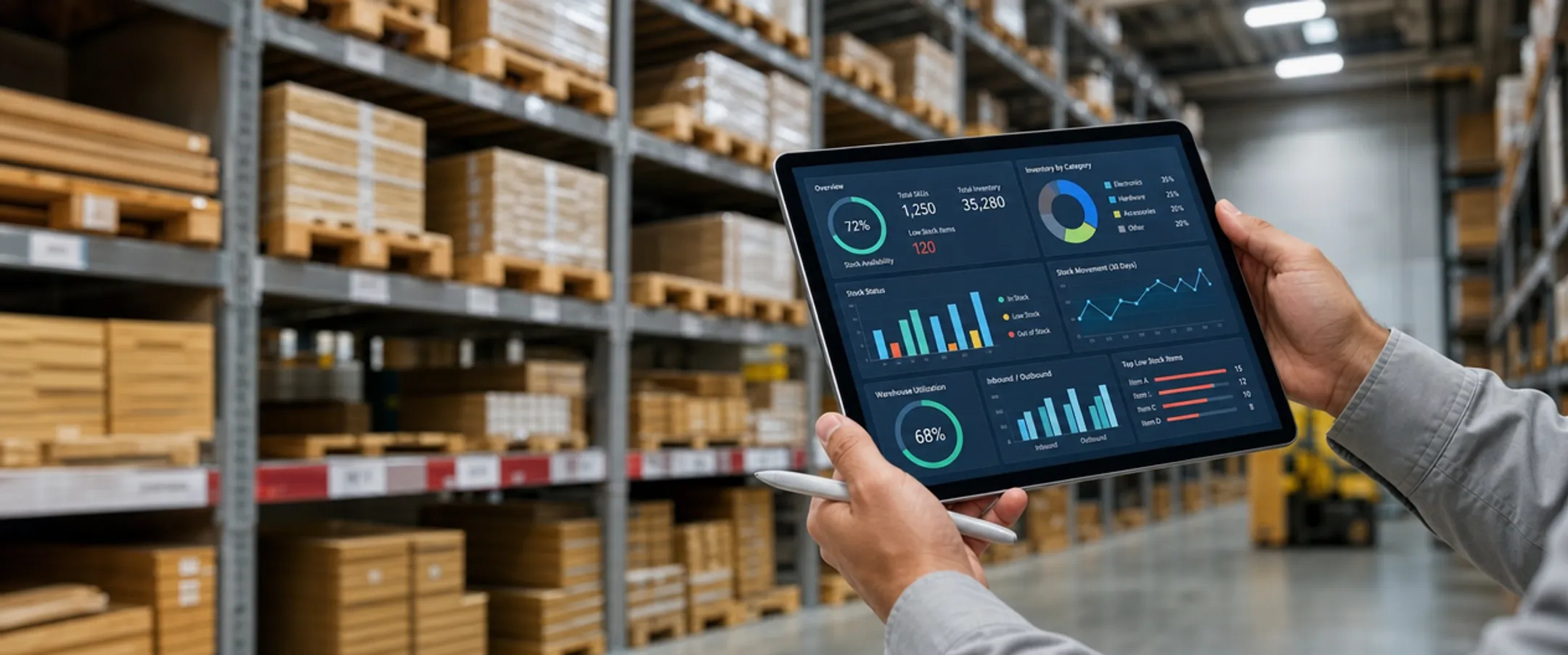 Warehouse manager reviewing real-time inventory dashboard on tablet device