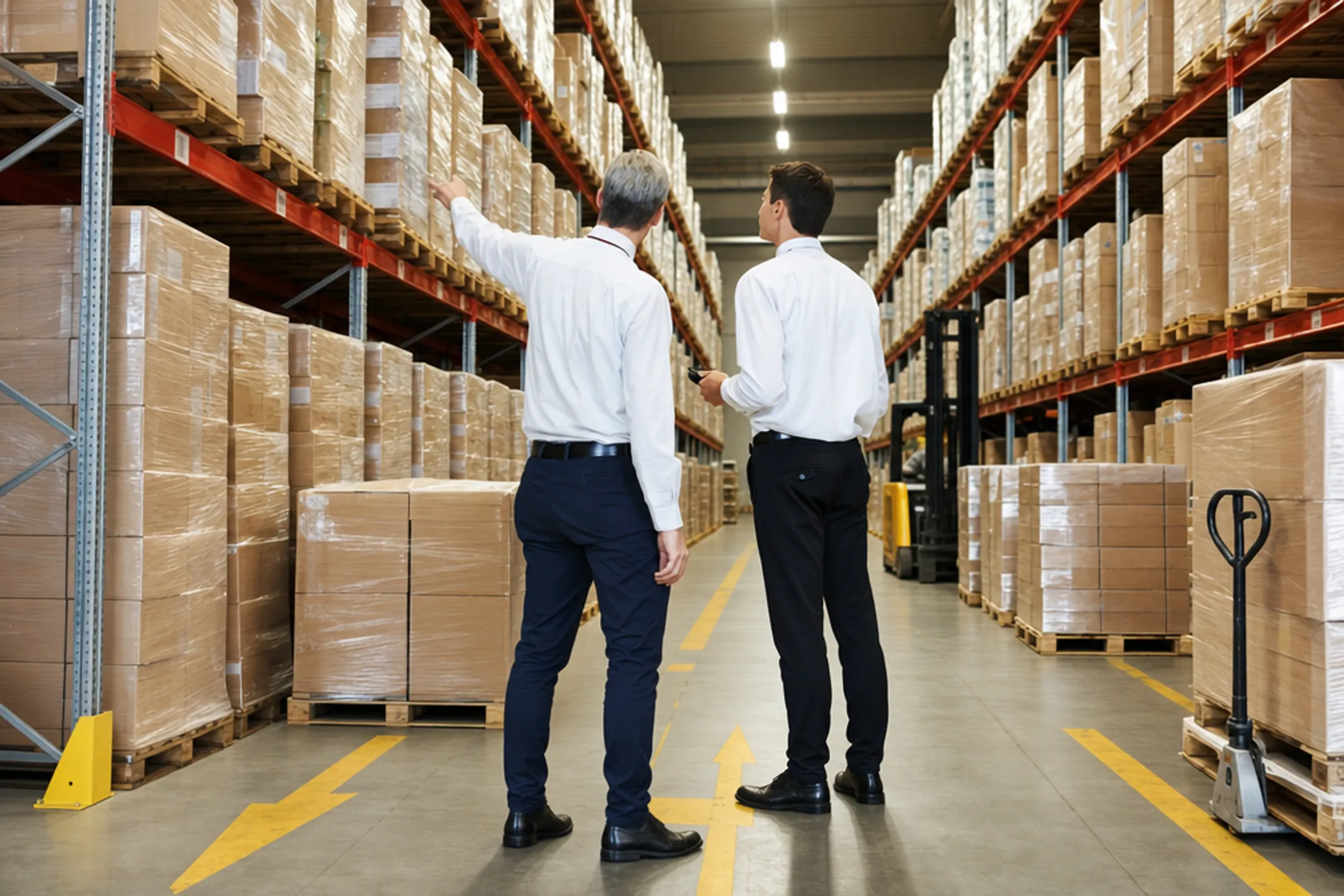 Warehouse workers coordinating inventory rebalancing across multiple storage locations