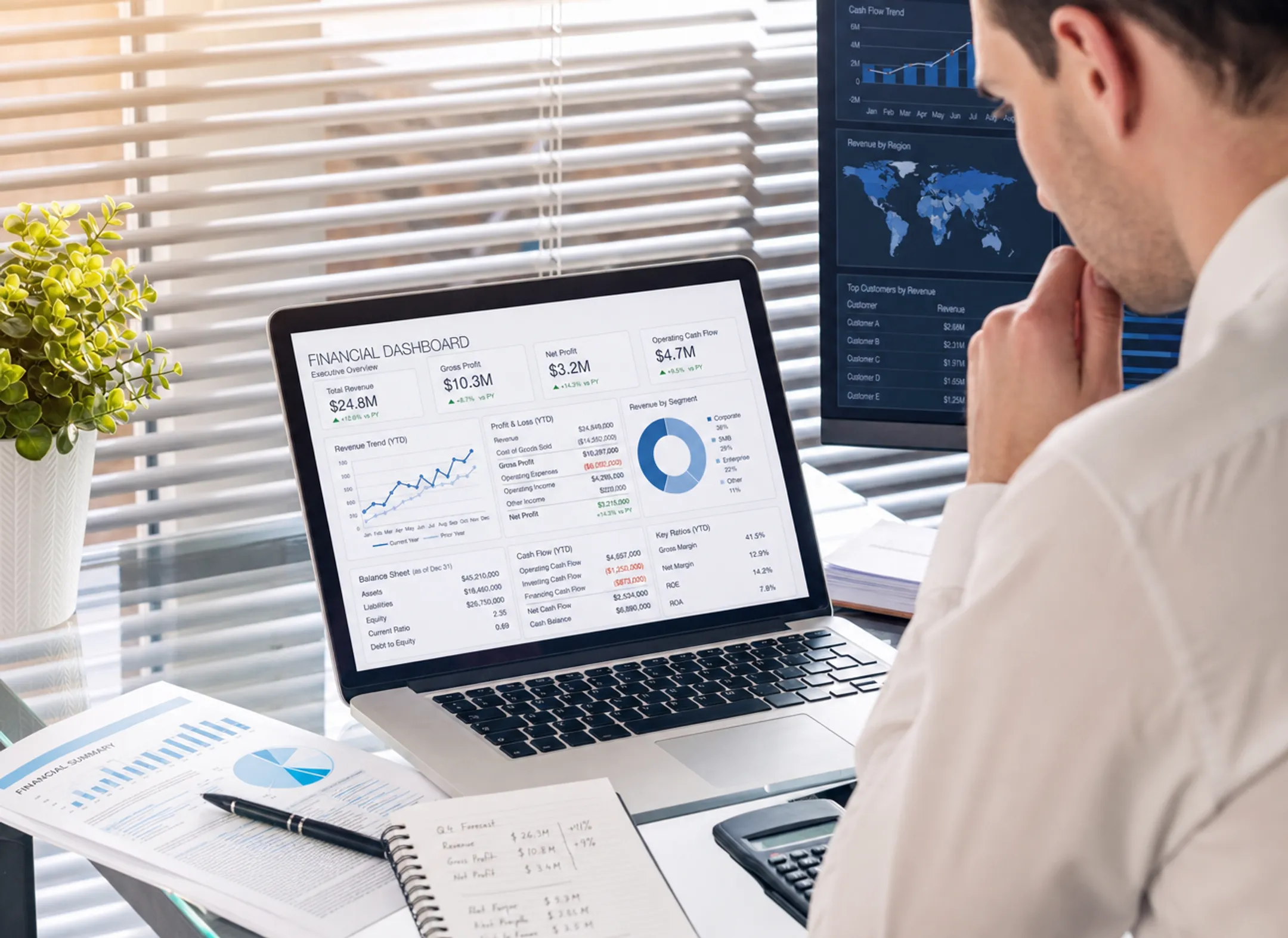 CFO reviewing financial reports on laptop with data dashboards