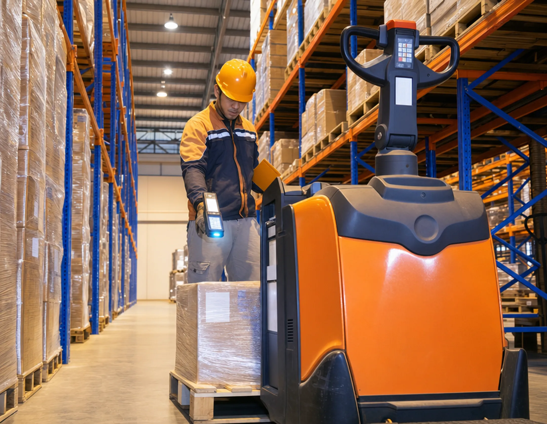 Warehouse worker using barcode scanner for inventory tracking