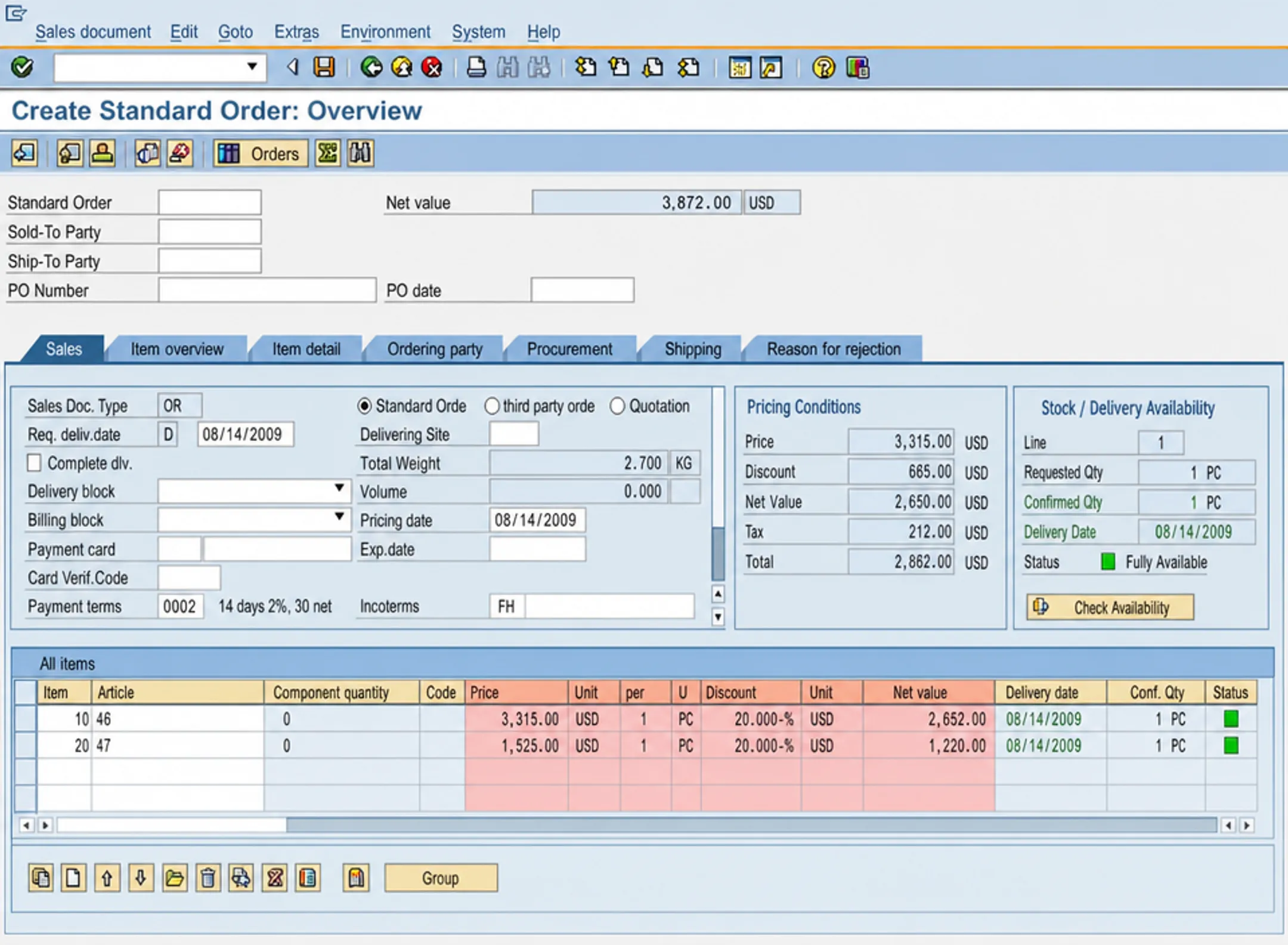 SAP ERP interface displaying sales order document and pricing details