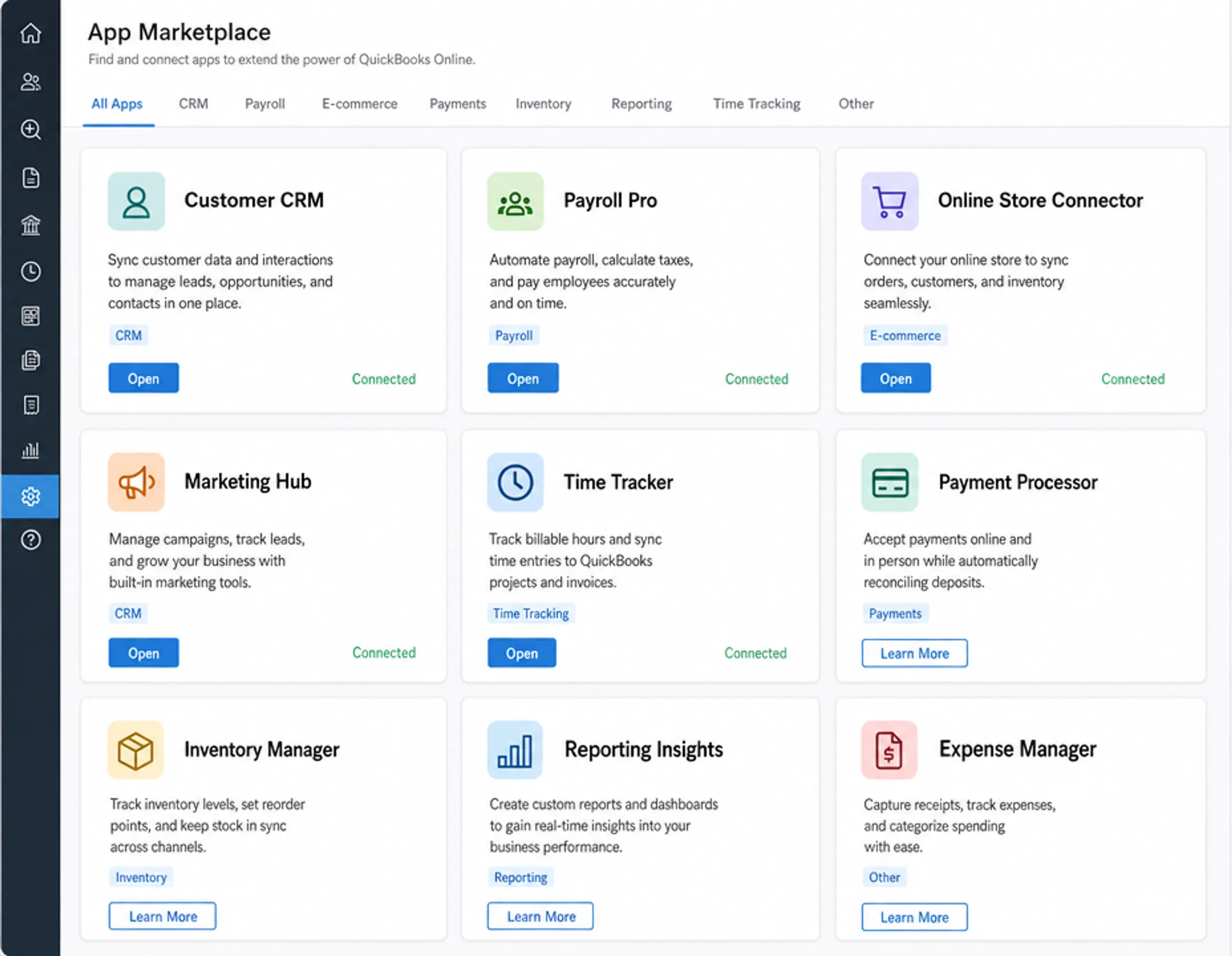 QuickBooks Online app marketplace showing integration options for CRM and payroll