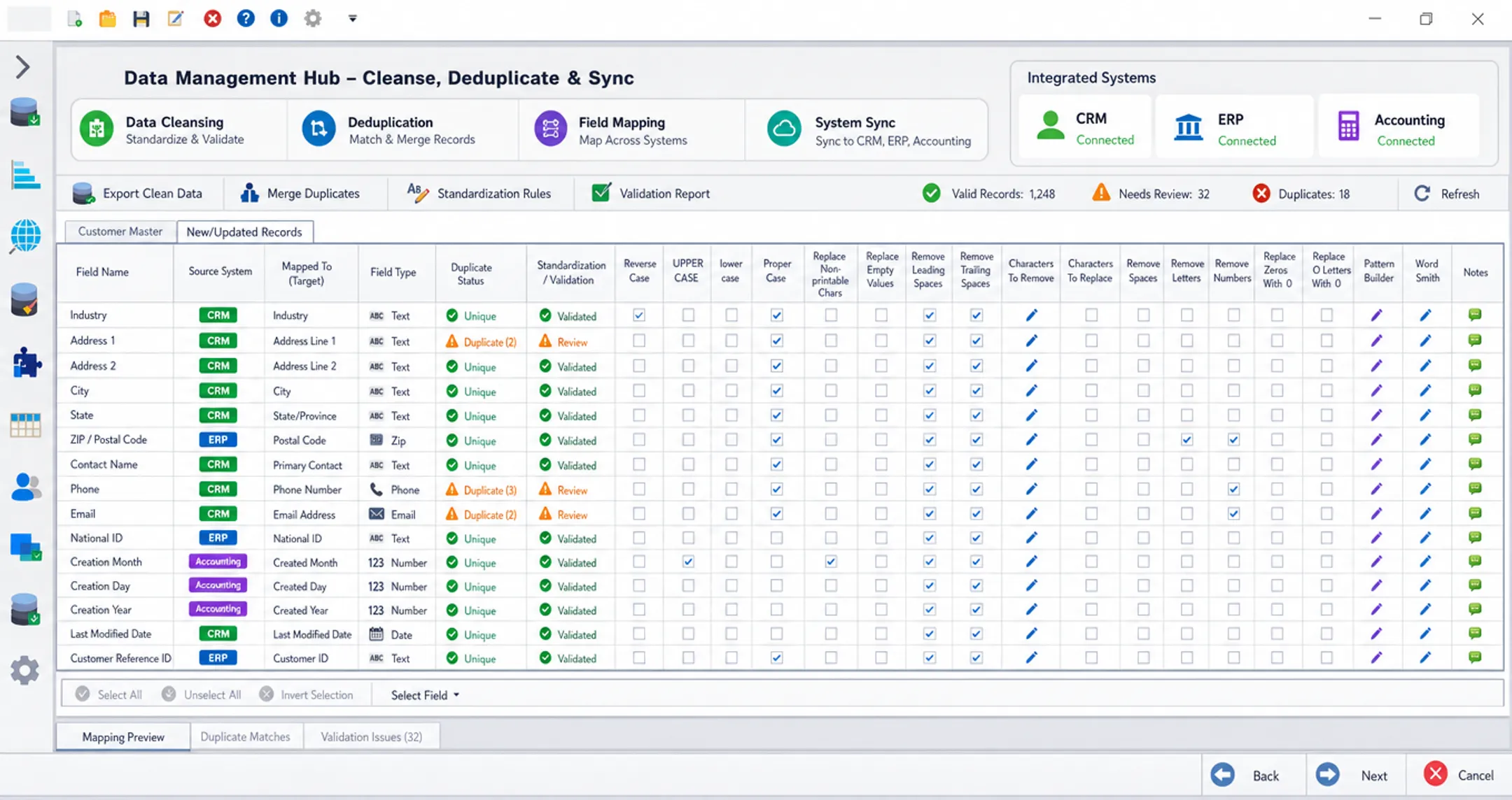 Clean CRM data hygiene interface showing deduplication and record mapping