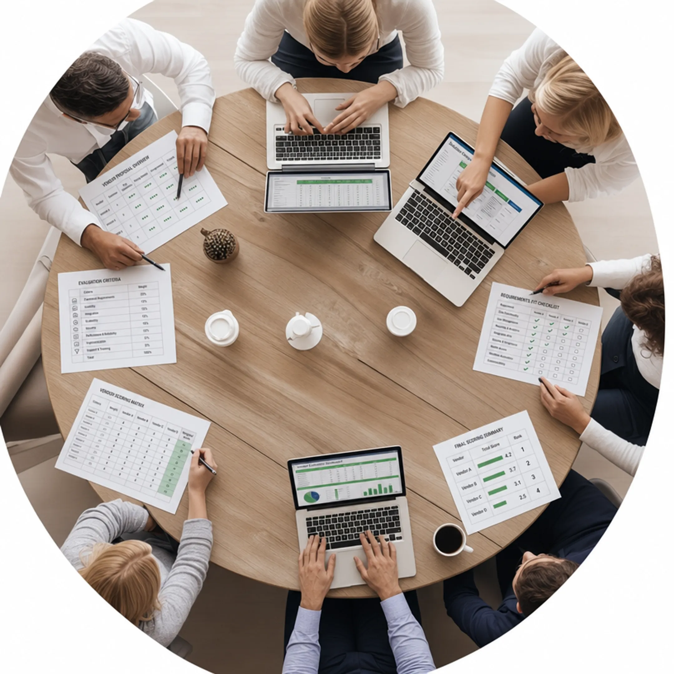 Business team reviewing ERP vendor proposals during evaluation meeting