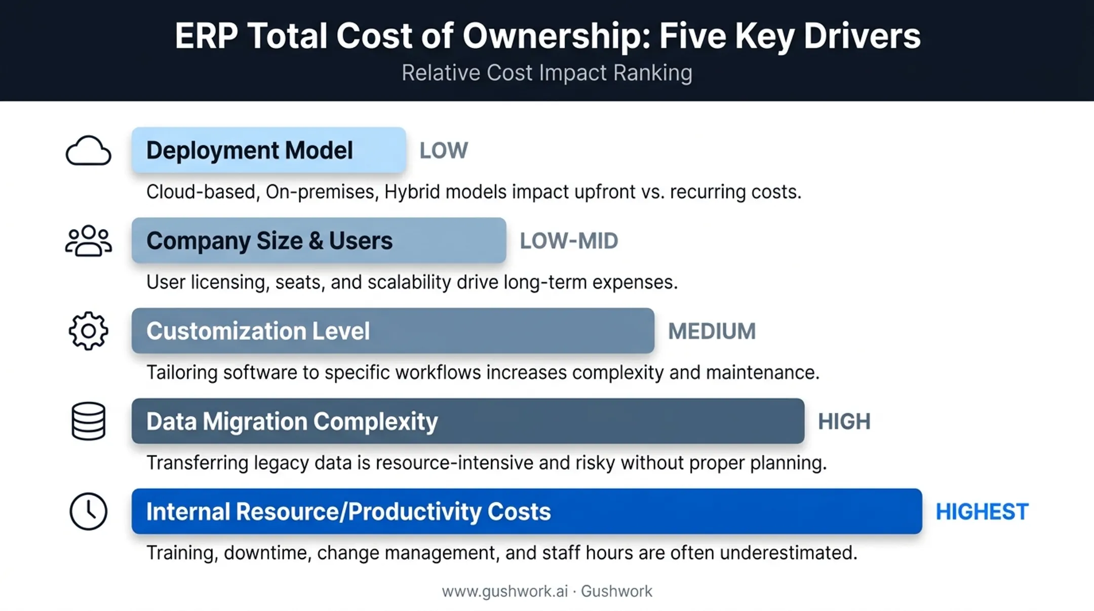 ERP TCO cost drivers hierarchy from deployment model to internal resources