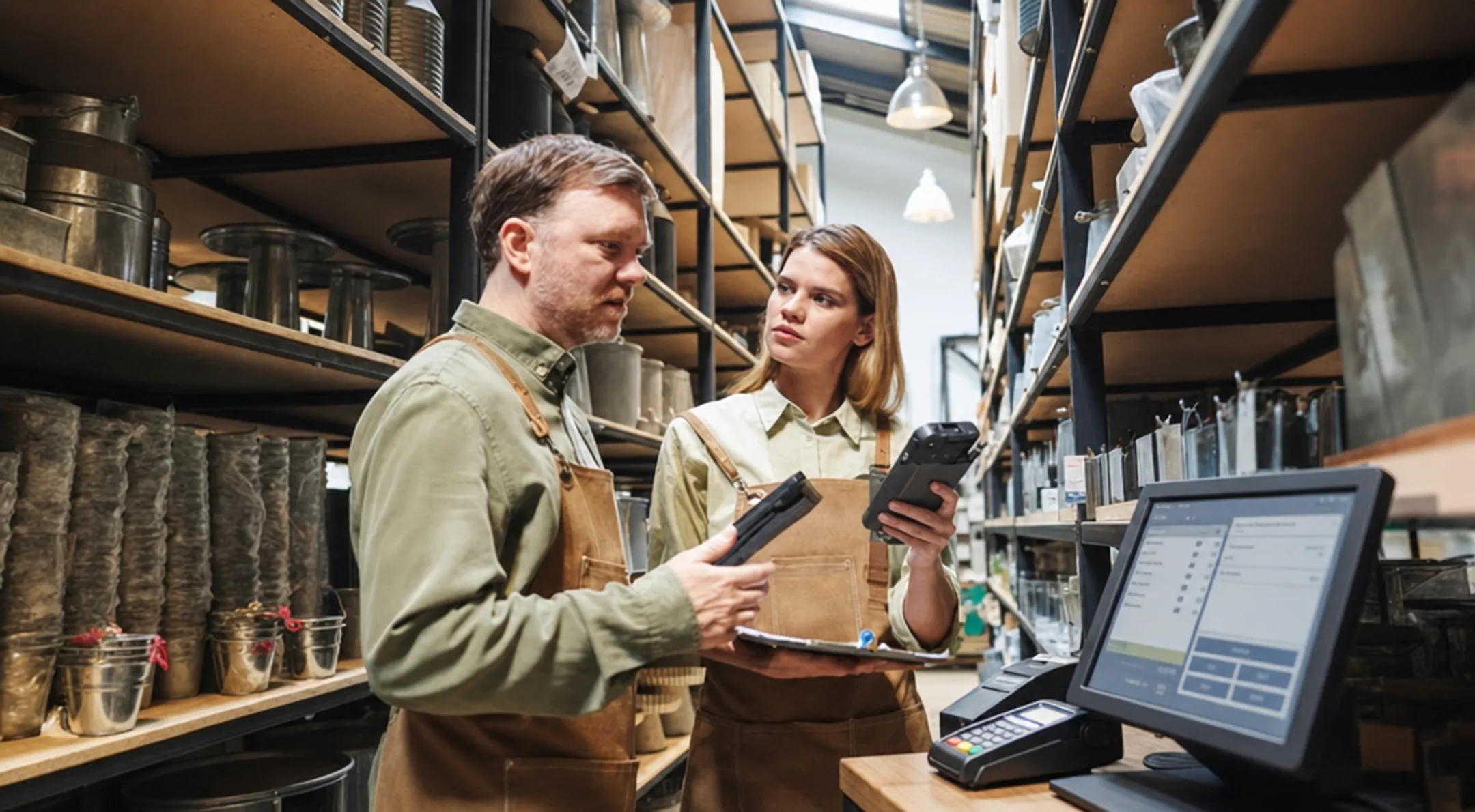 Retail warehouse staff managing omnichannel inventory and POS system