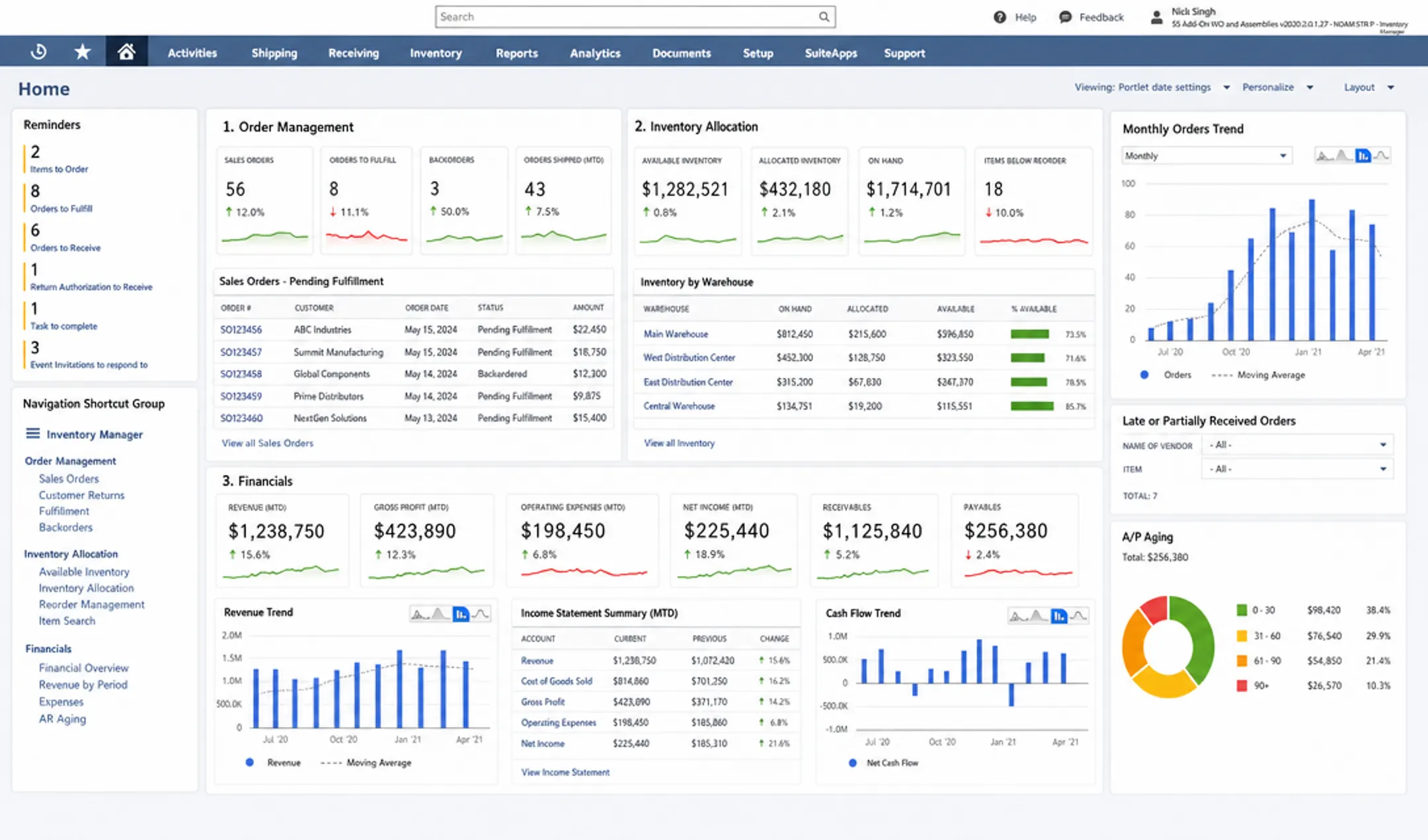 Enterprise ERP software interface showing inventory and order management modules