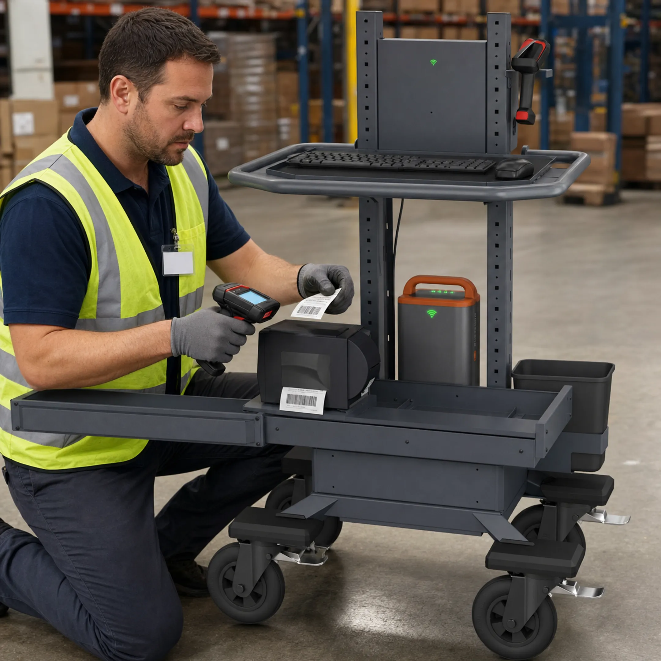 Warehouse worker testing RF scanner and label printer hardware setup