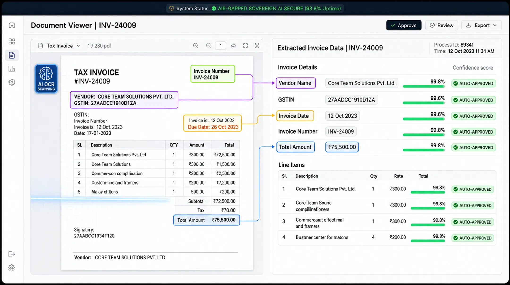 AI-powered invoice processing software interface extracting document data