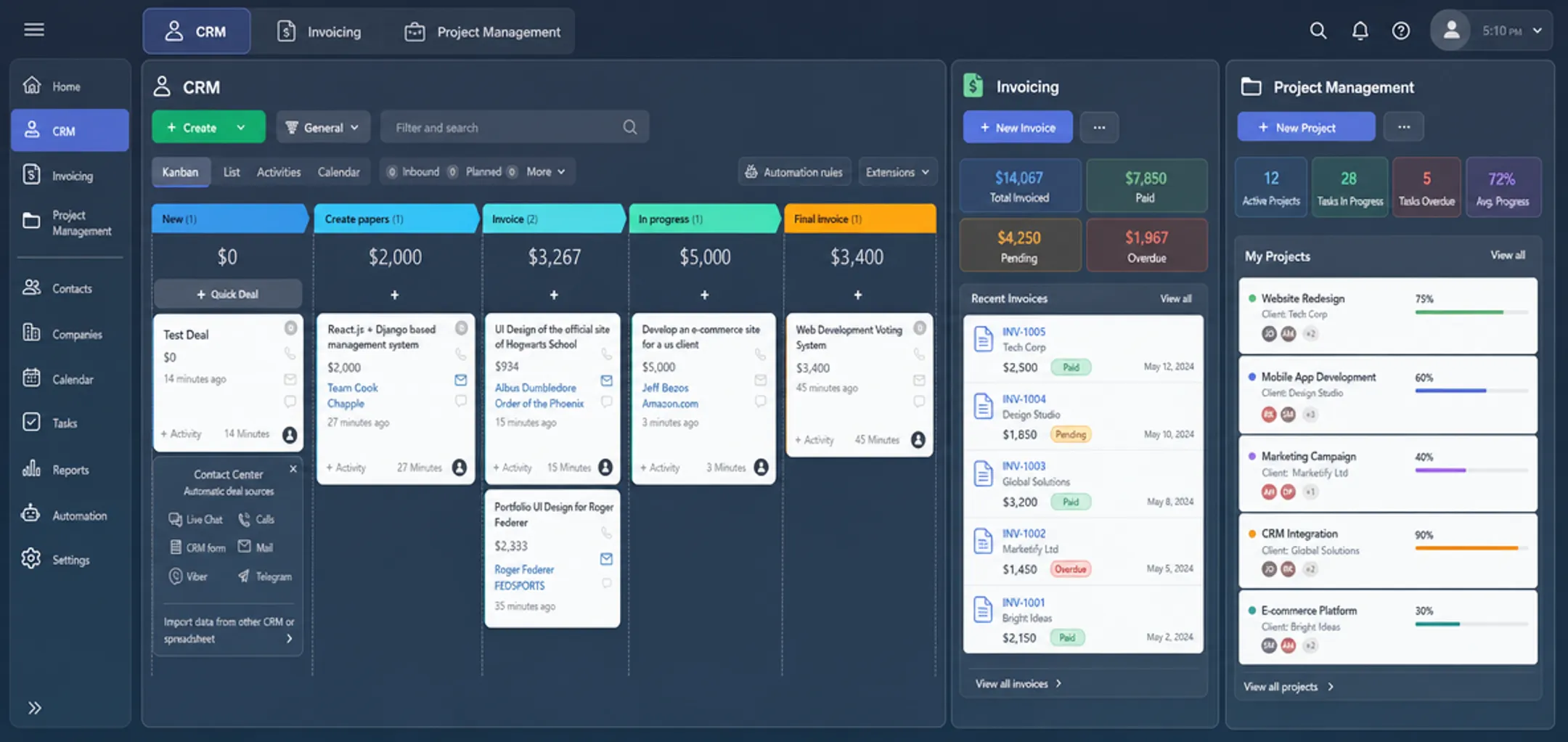 All-in-one business workspace interface with CRM and invoicing modules