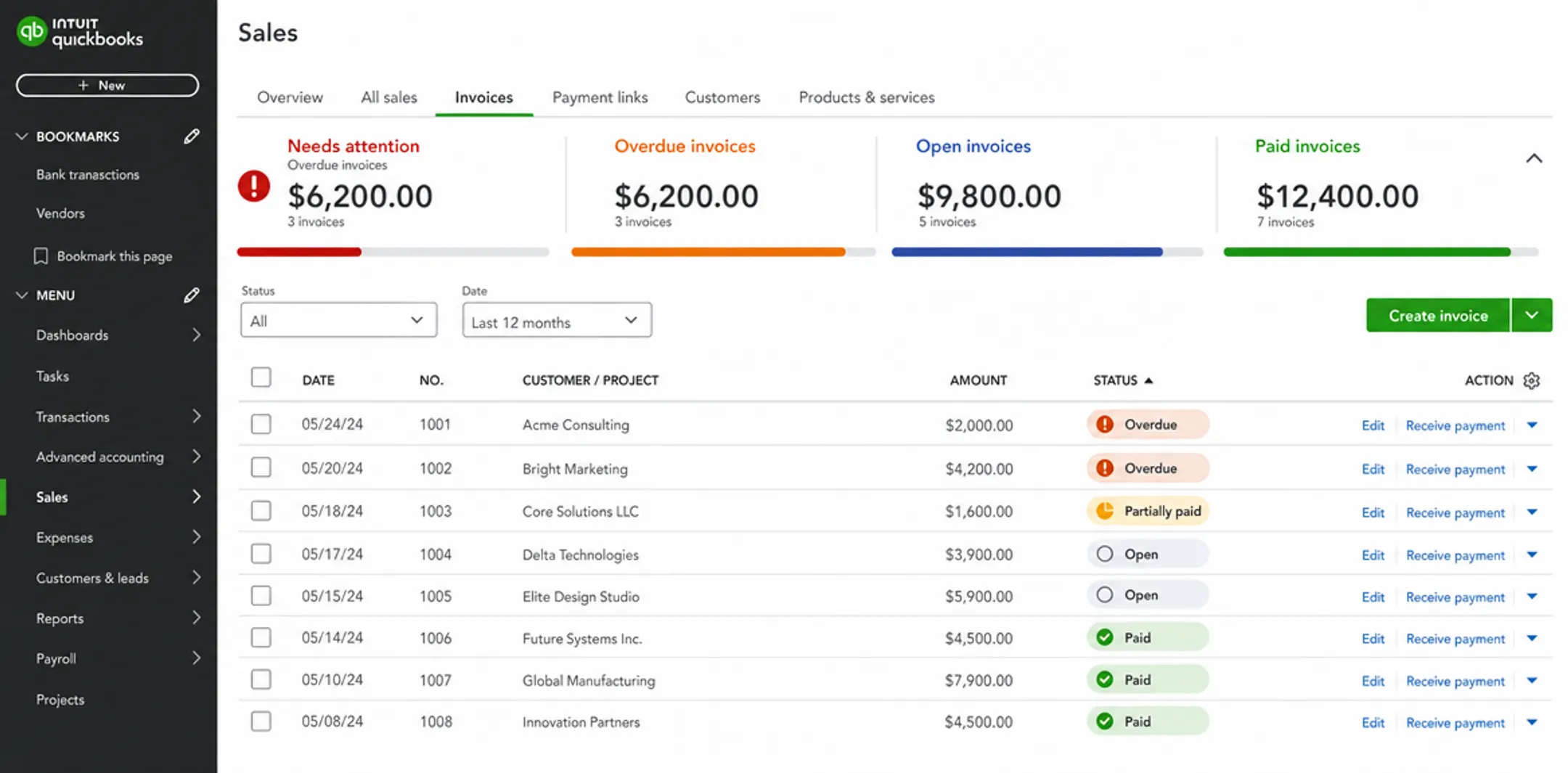 QuickBooks Online invoice dashboard showing payment status tracking