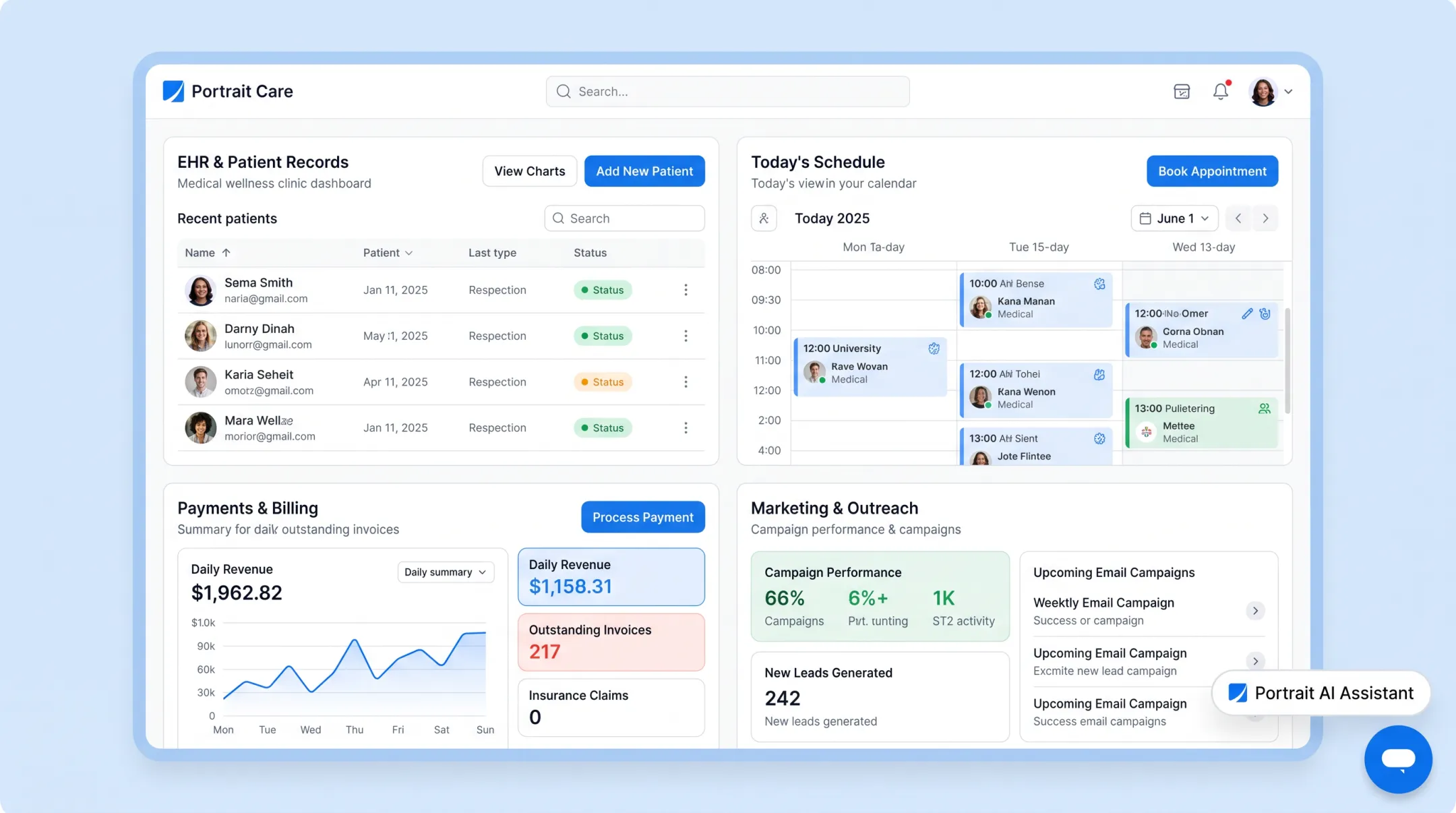 Portrait Care platform dashboard showing EHR scheduling and payments