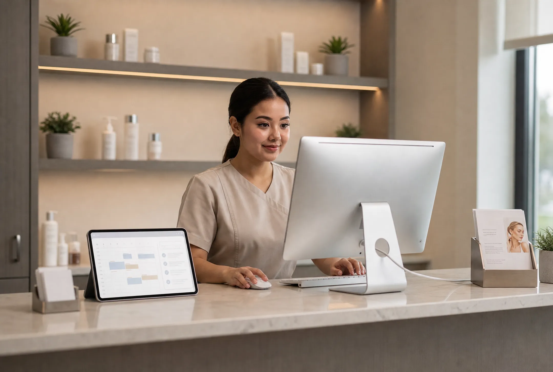 Med spa front desk staff using scheduling software on tablet