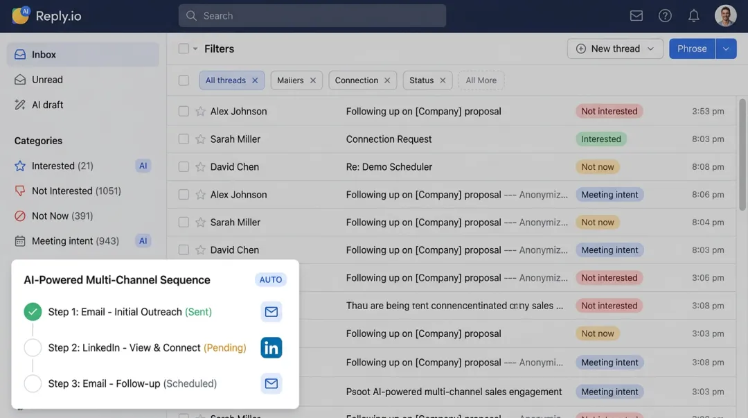 AI sales engagement platform multi-channel outreach sequence dashboard interface