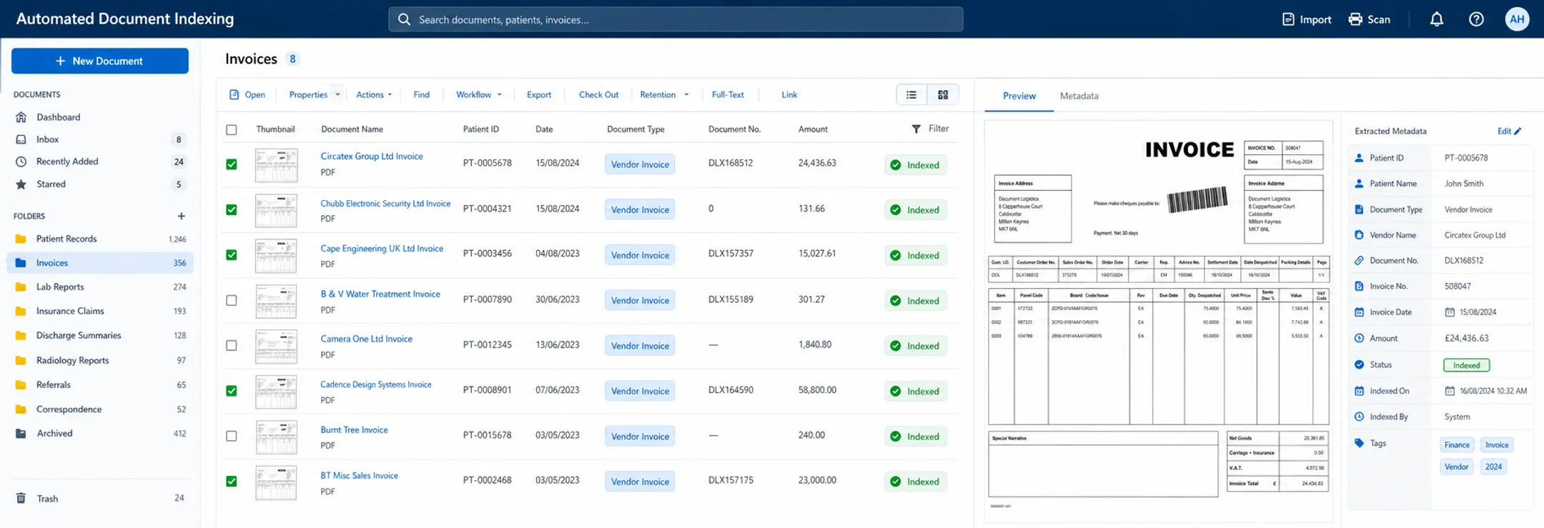 DocuWare document capture interface with AI indexing dashboard